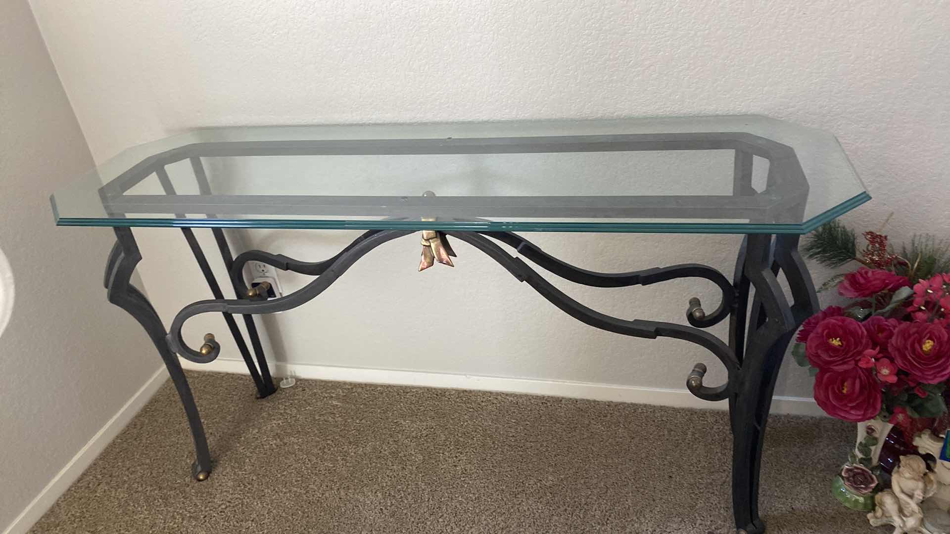 Photo 1 of BEVELED GLASS AND IRON SOFA TABLE 56“ x 17.5” x H 29”