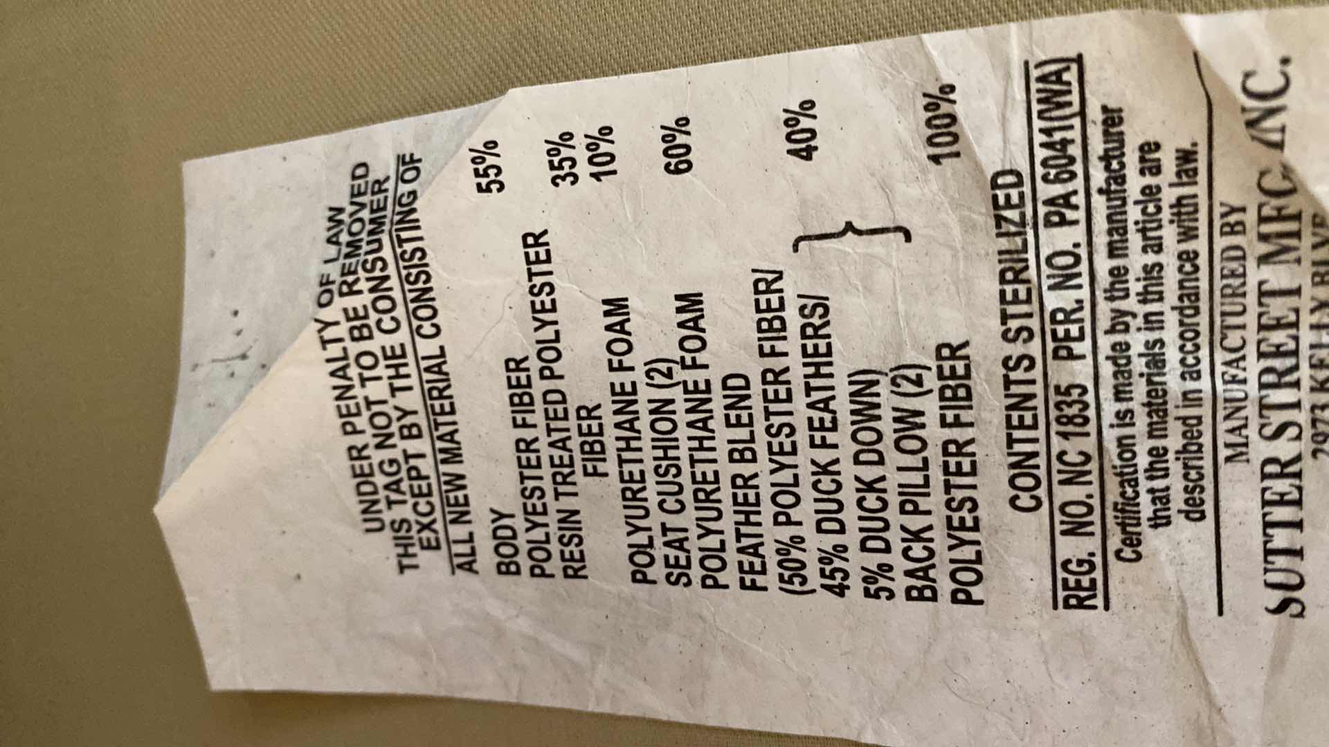 Photo 6 of POTTERY BARN BRUSHED CROSSWEAVE TAN SECTIONAL SOFA ONLY (CUSHIONS 45% DOWN) 10'x10'