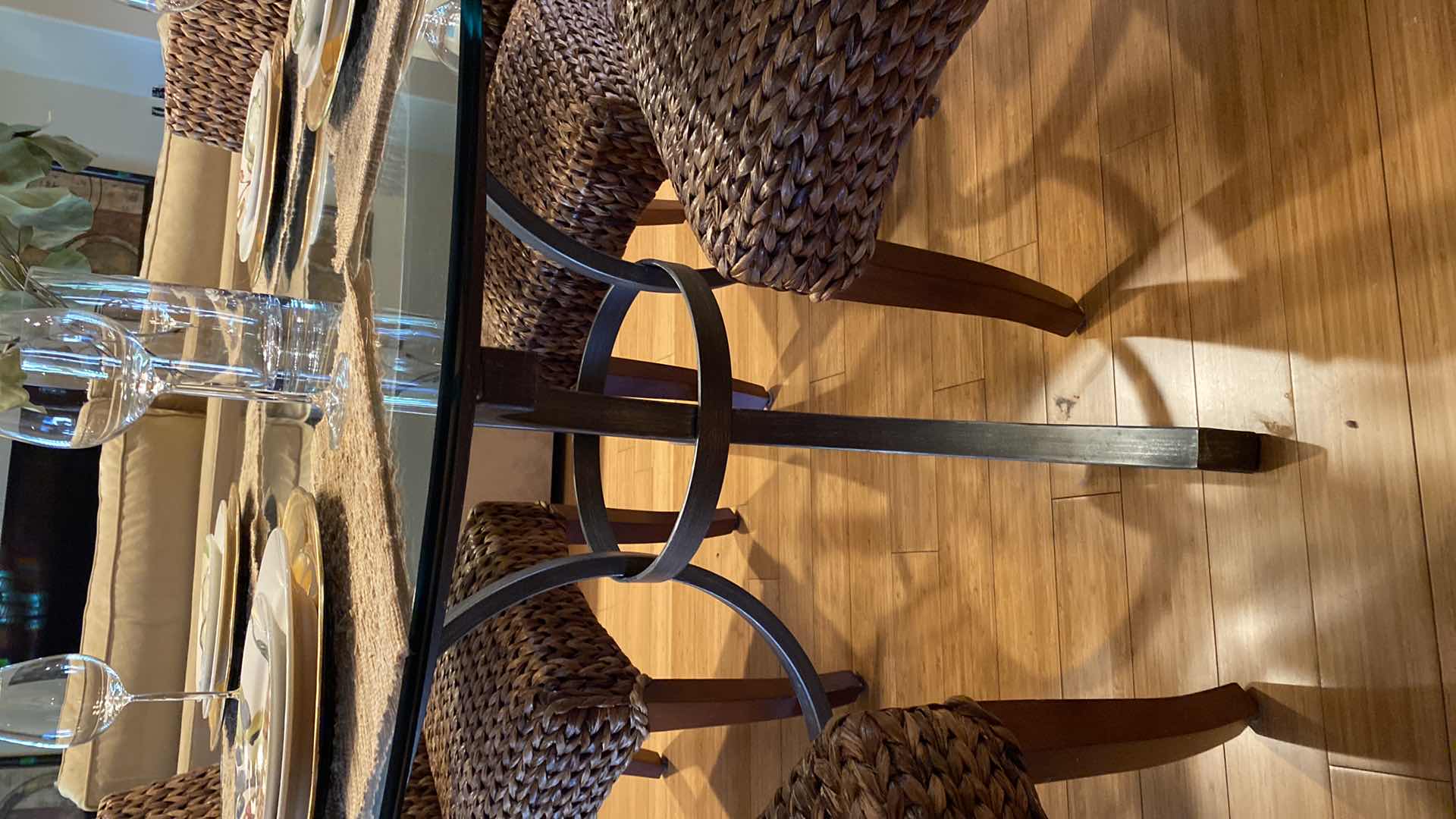 Photo 1 of GLASS TOP METAL DINING TABLE WITH 4 WEAVED CHAIRS 51” X H 30”