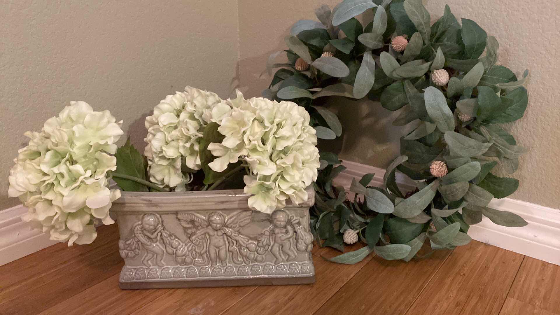 Photo 1 of CERAMICS VASE 6” x 11” WITH FAUX FLORAL AND WREATH