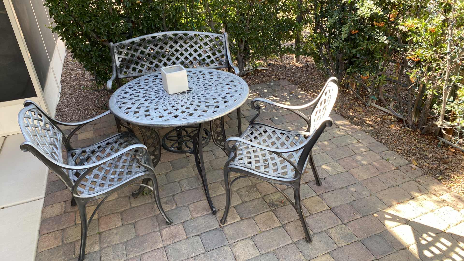 Photo 1 of 4 PIECE ALUMINUM PATIO SET TABLE 35” x 28” BASKETWEAVE ALUMINUM OUTDOOR BENCH 41“ x 22“ H 33”
