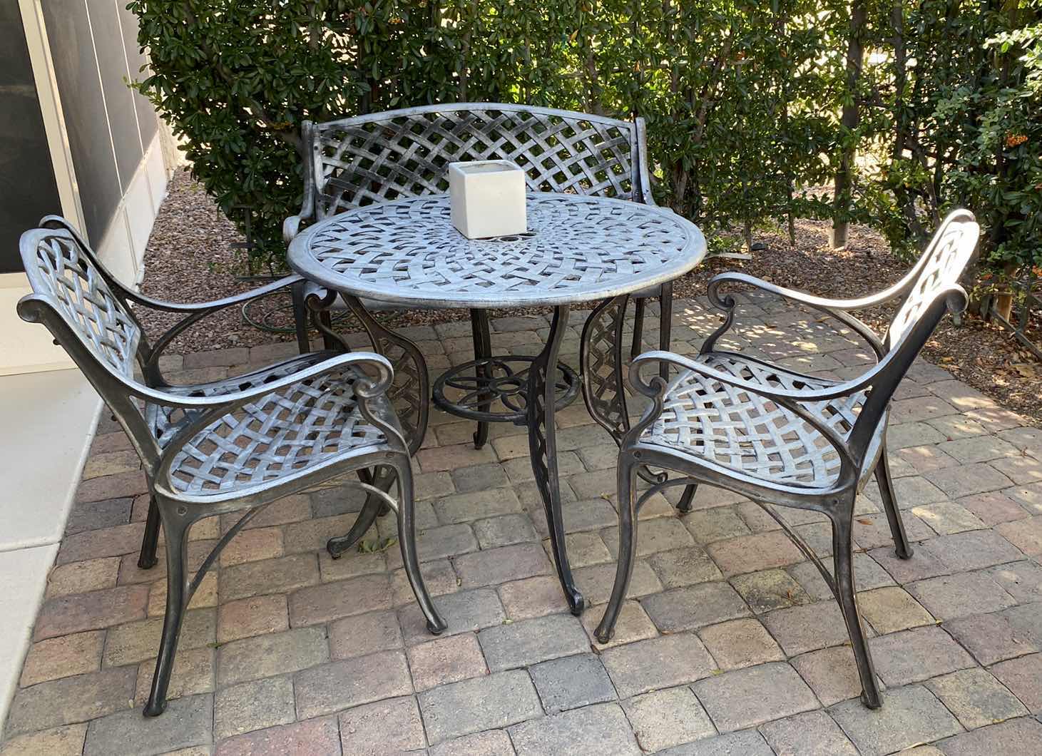 Photo 1 of 4 PIECE ALUMINUM PATIO SET TABLE 35” x 28” BASKETWEAVE ALUMINUM OUTDOOR BENCH 41“ x 22“ H 33”