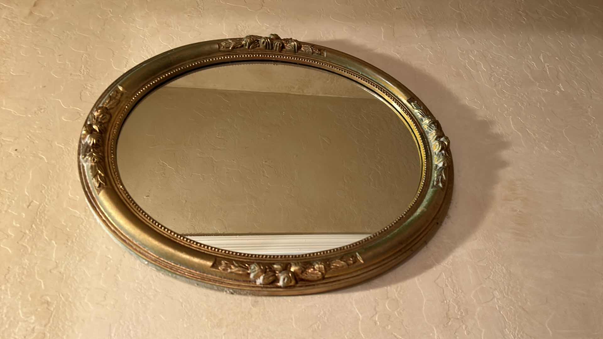 Photo 1 of GOLD OVAL MIRROR WITH GREEN PATINA 18” x 21