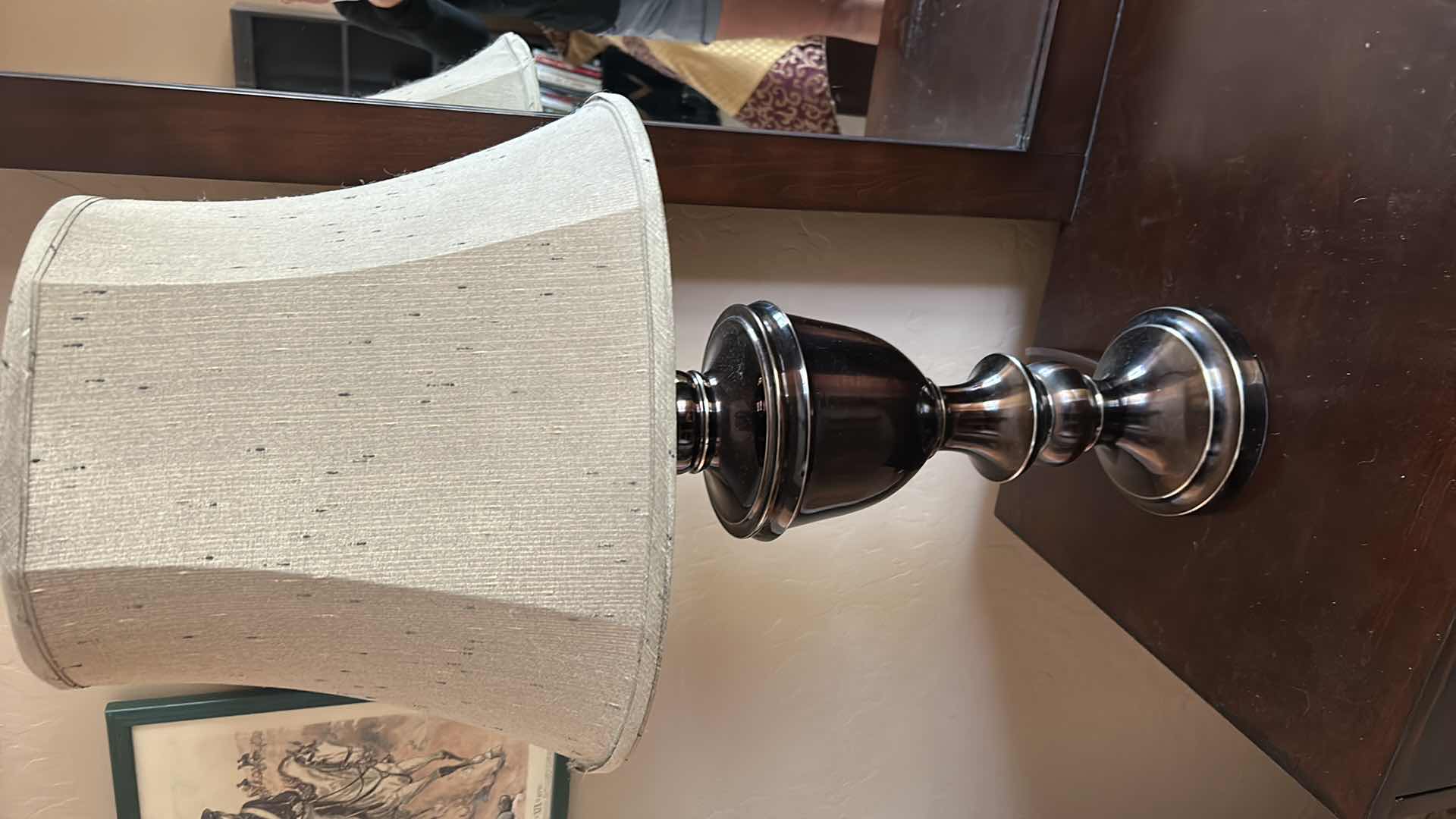 Photo 1 of 32” TABLE TOP METAL LAMP WITH BEIGE SPECKED SHADE