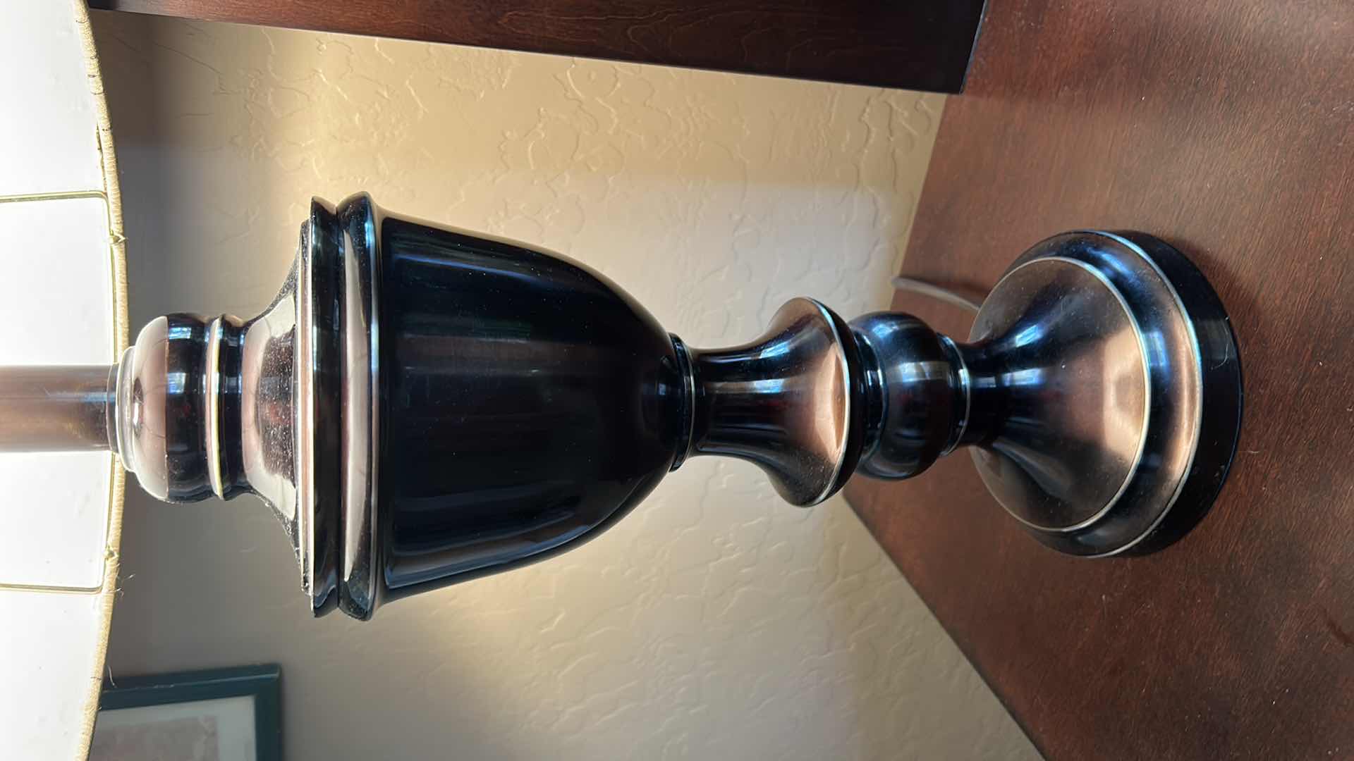 Photo 1 of 32” TABLE TOP METAL LAMP WITH BEIGE SPECKED SHADE