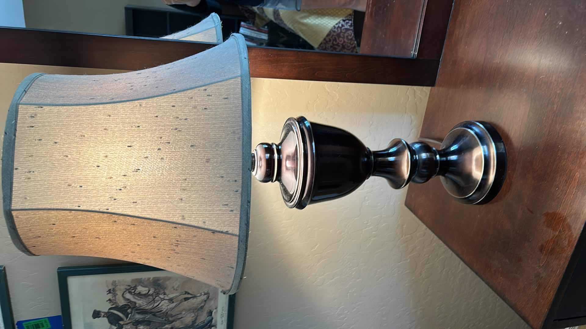 Photo 1 of 32” TABLE TOP METAL LAMP WITH BEIGE SPECKED SHADE