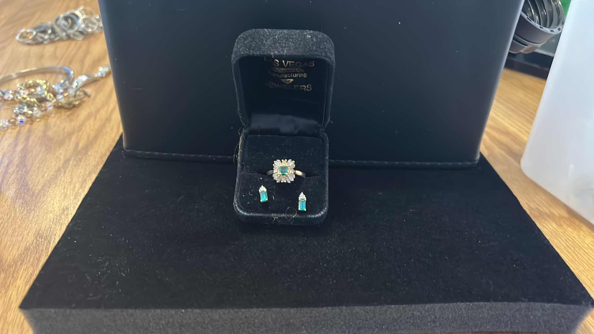 Photo 1 of FINE JEWELRY- 14K GOLD DIAMONDS WITH EMERALD, EARRINGS AND RING SET ESTIMATED  SIZE 5-6