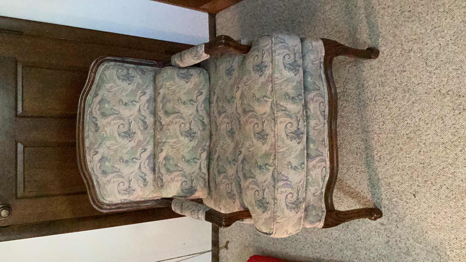 Photo 1 of  SHERRILL FURNITURE FRENCH OPEN ARM LOUNGE CHAIR. HAND CARVED FRUITWOOD BERGERE STYLE