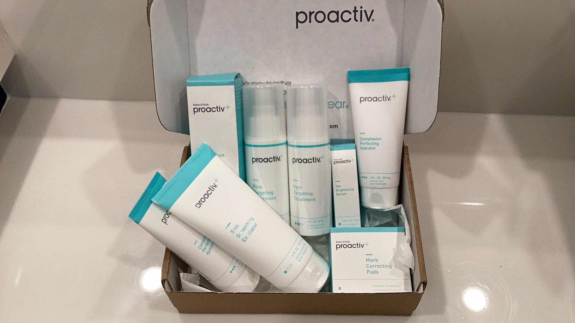 Photo 1 of PROACTIVE THIS PRODUCT IS EXPIRED BUT ITS SEALED FROM FACTORY IT INCLUDES COMPLEXION PERFECTING HYDRATOR, SKIN SMOOTHING EXFOLIATOR, MARK CORRECTING PADS, EYE BRIGHTENING SERUM, AND OTHER SKIN ESSENTIALS FOR EVERYDAY ROUTINE.