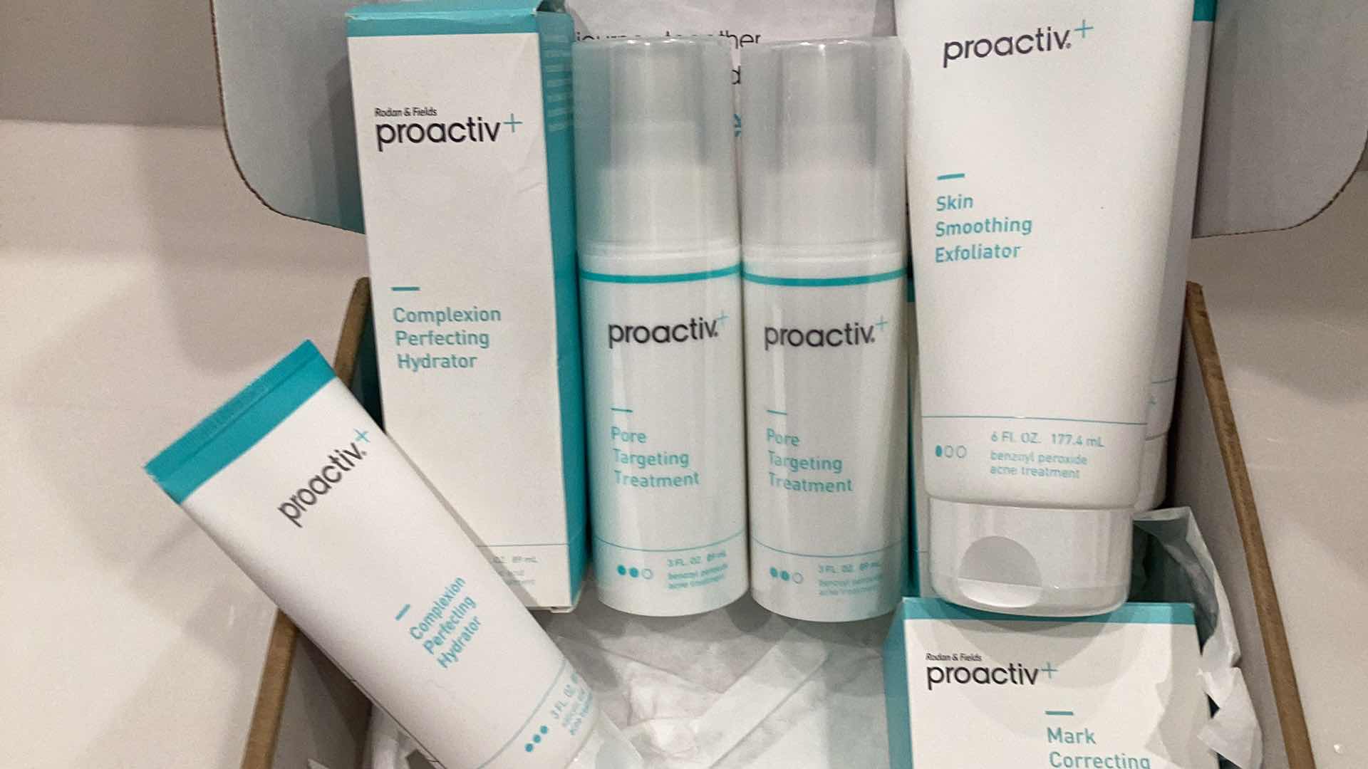 Photo 1 of PROACTIVE THIS PRODUCT IS EXPIRED BUT ITS SEALED FROM FACTORY IT INCLUDES COMPLEXION PERFECTING HYDRATOR, SKIN SMOOTHING EXFOLIATOR, MARK CORRECTING PADS, EYE BRIGHTENING SERUM, AND OTHER SKIN ESSENTIALS FOR EVERYDAY ROUTINE.