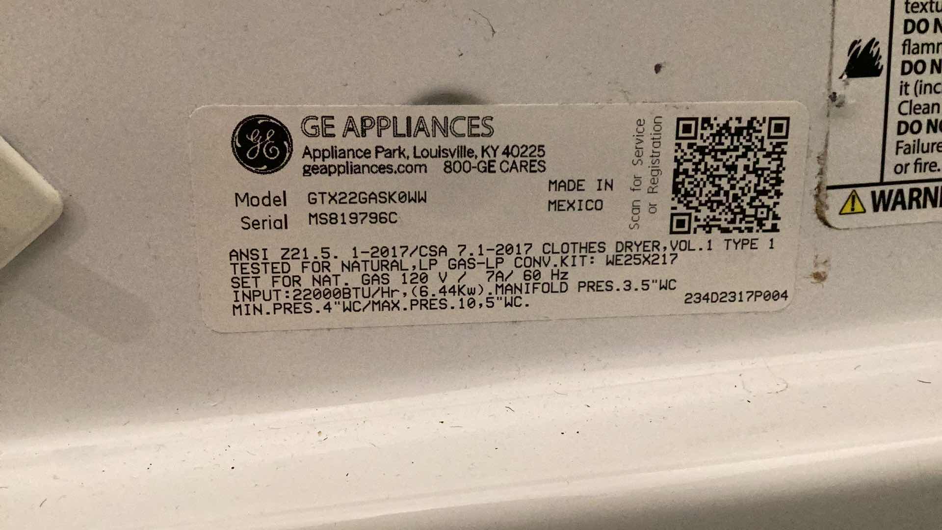 Photo 1 of GE 6.2 CU FT. CAPACITY ALUMINIUM ALLOY DRUM GAS DRYER MODEL GTX22GASK0WW 