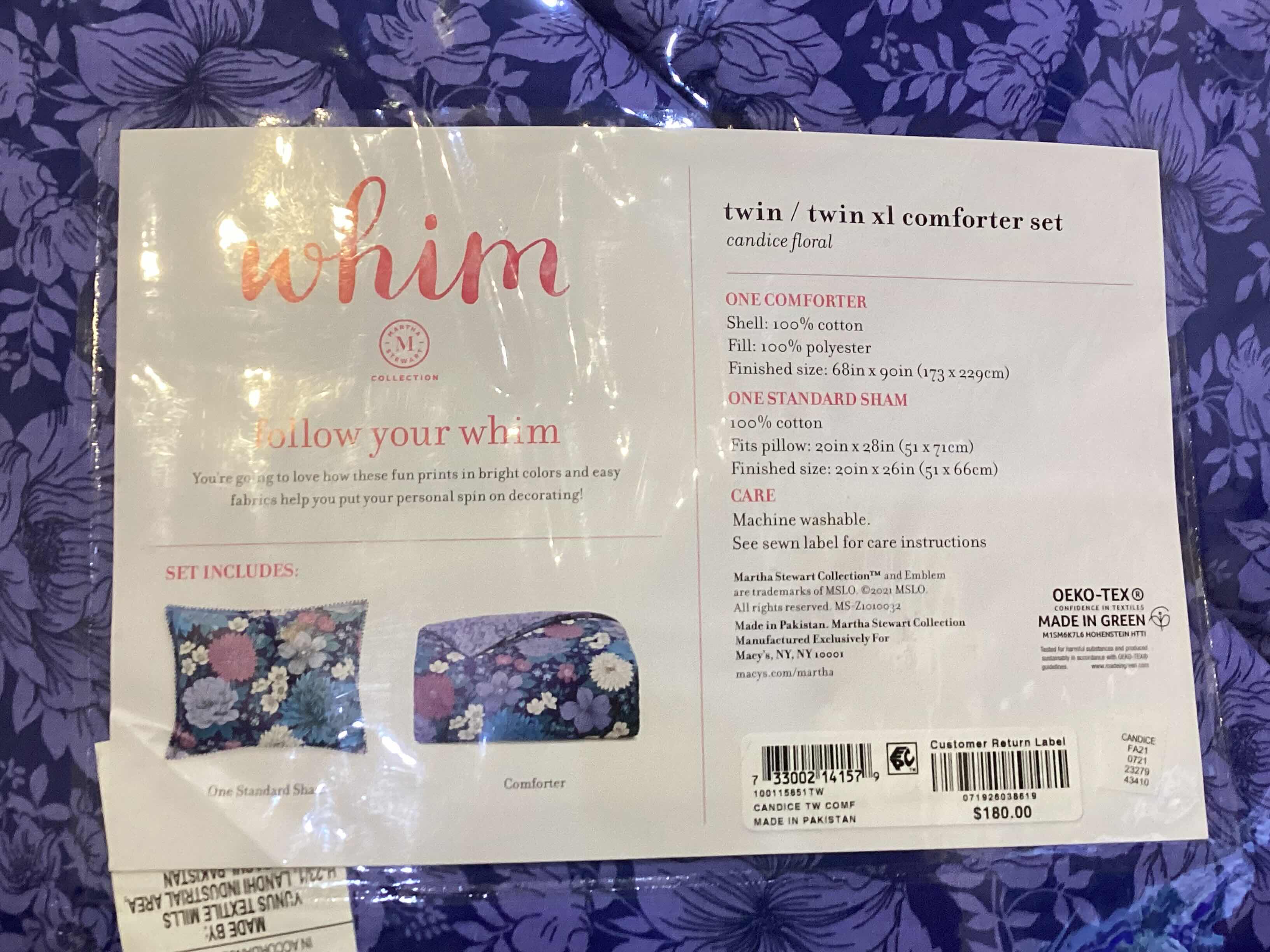 Photo 1 of NIB WHIM FLORAL TWIN COMFORTER SET