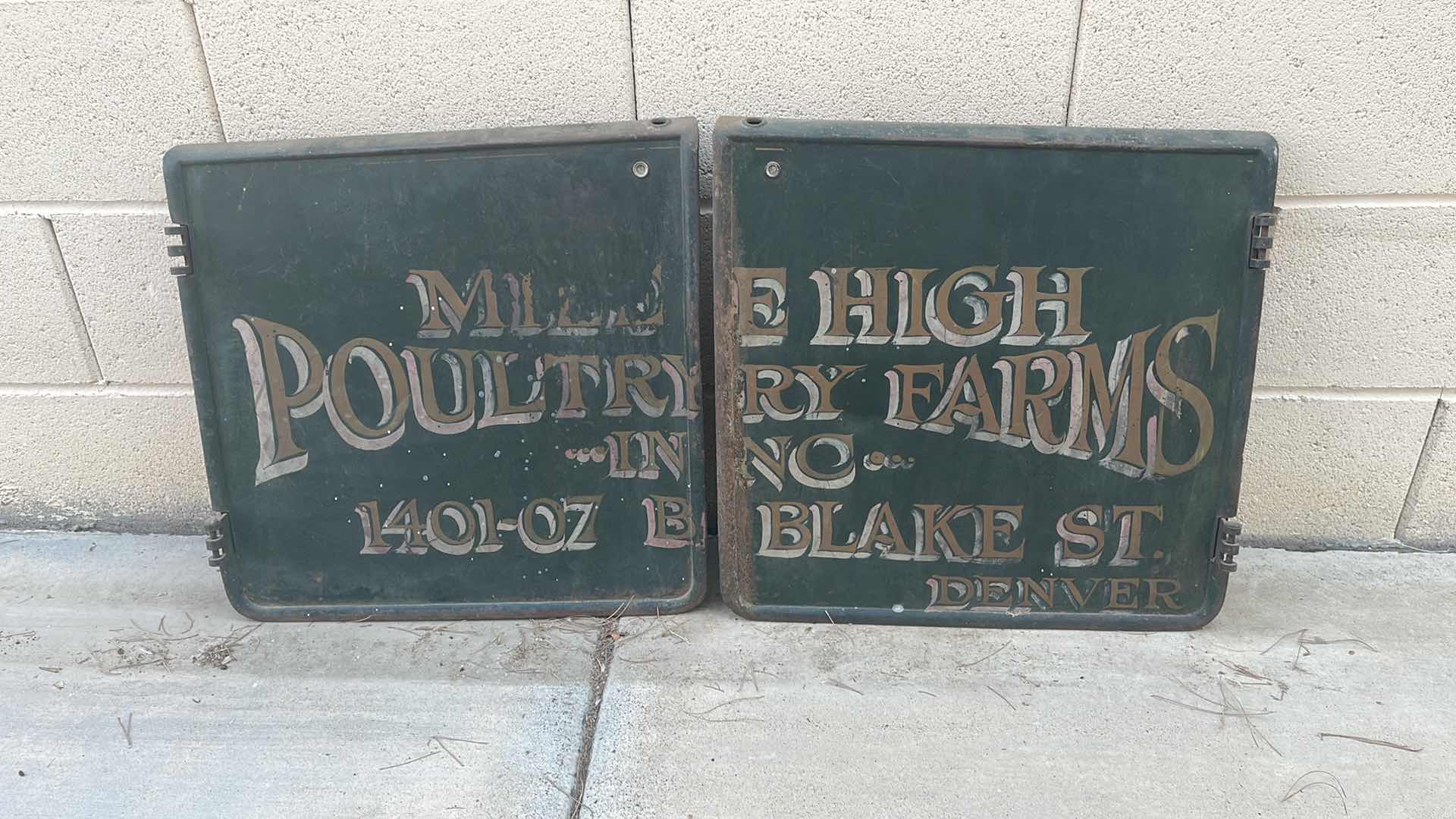 Photo 1 of RARE ANTIQUE MILE HIGH POULTRY FARMS DELIVERY TRUCK DOORS 20” x 18 “