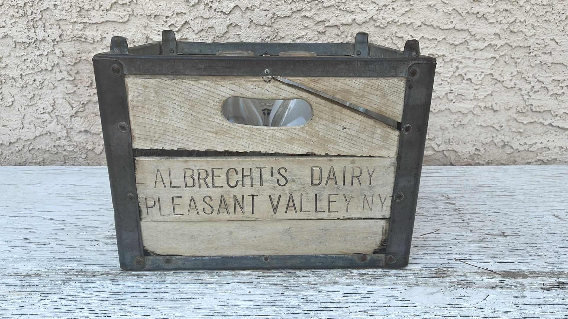 Photo 1 of ANTIQUE NY DAIRY FARM CRATE AND MILK BOTTLES 