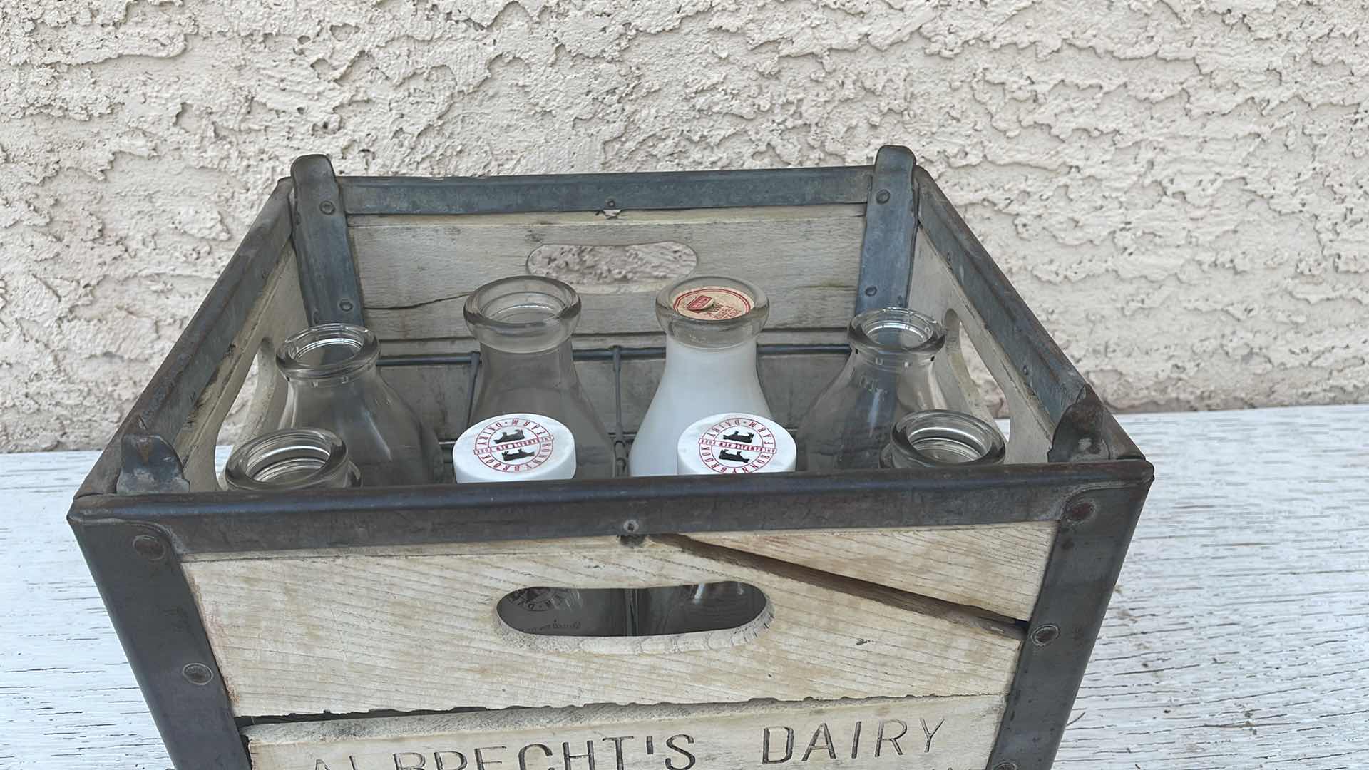 Photo 1 of ANTIQUE NY DAIRY FARM CRATE AND MILK BOTTLES 