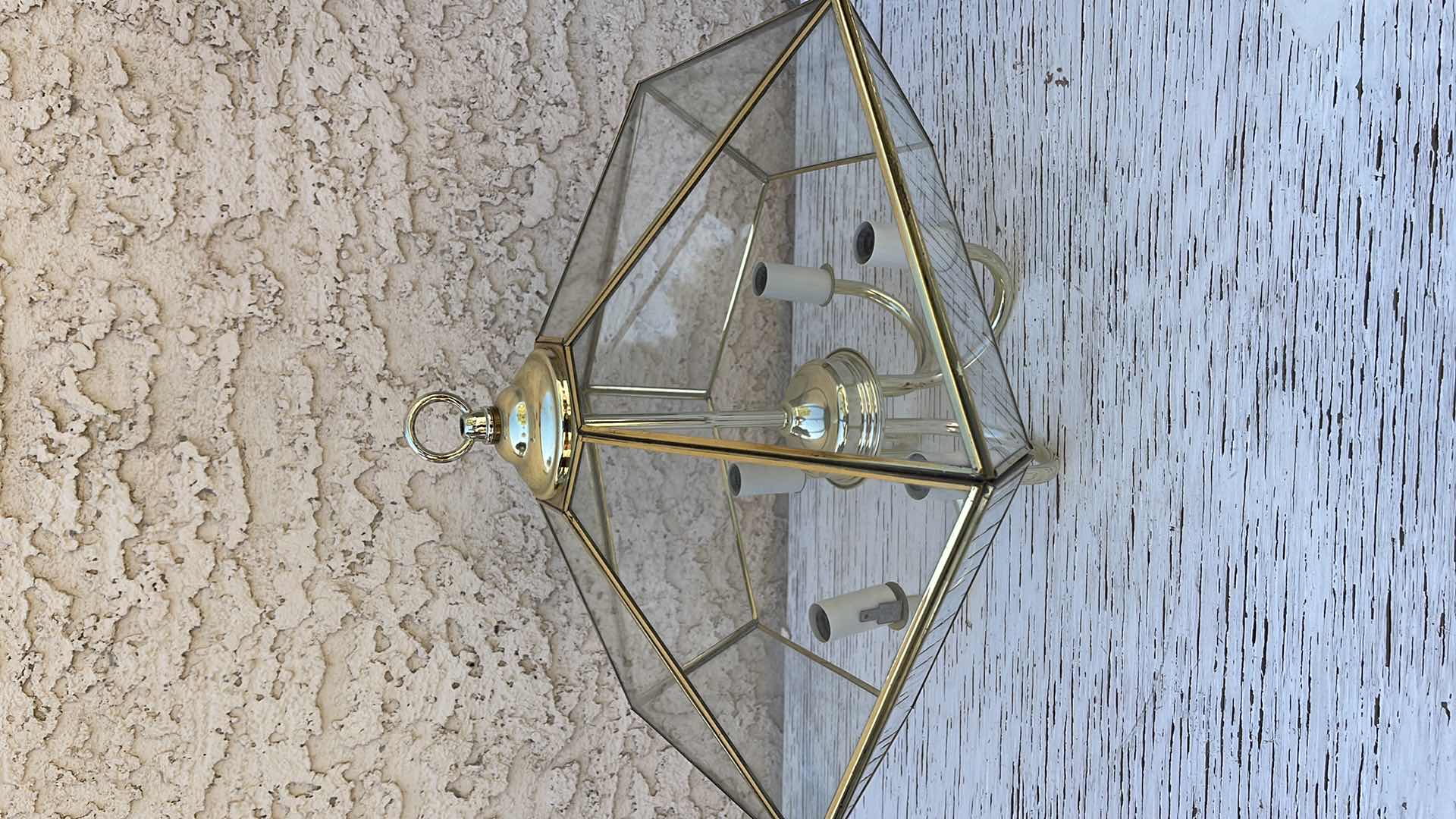 Photo 1 of  VINTAGE BEVELED GLASS AND BRASS LARGE HANGING CHANDELIER