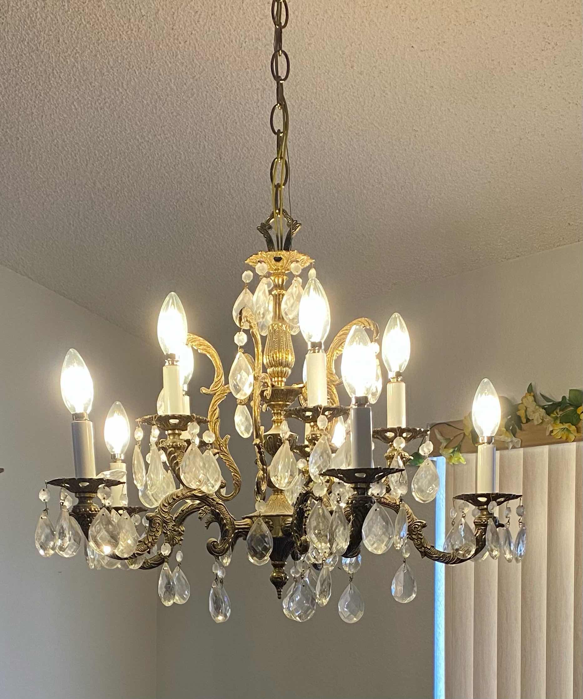 Photo 1 of ANTIQUE BRASS 10 LIGHT CHANDELIER W/ ALMOND SHAPED CRYSTALS/ YEAR 1950’S