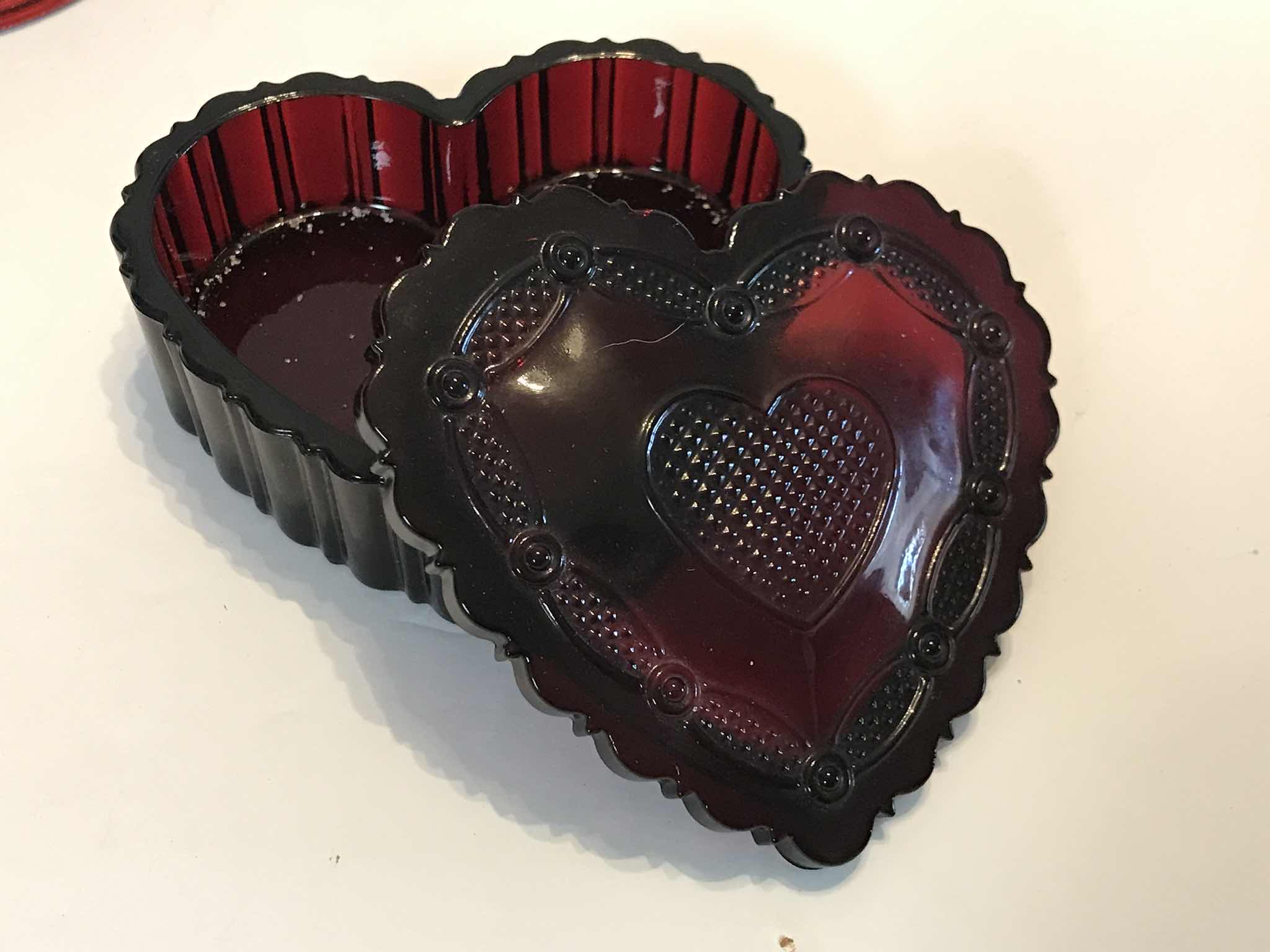Photo 1 of VINTAGE CAPE COD ROYAL RUBY RED AVON GLASS BELL / CANDLE HOLDERS & COVERED SMALL HEART DISH - MORE OF THIS COLLECTION IN AUCTION