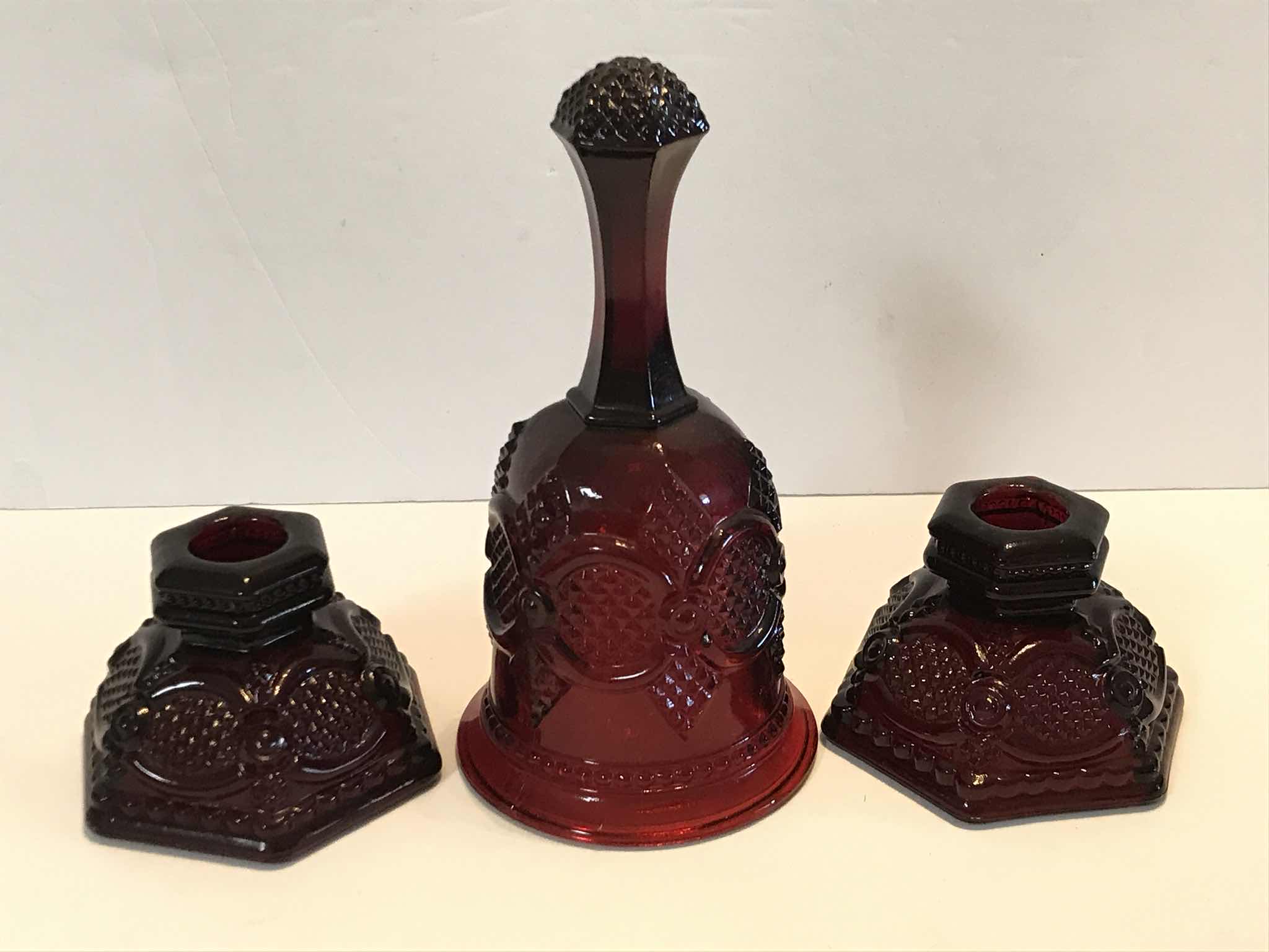 Photo 1 of VINTAGE CAPE COD ROYAL RUBY RED AVON GLASS BELL / CANDLE HOLDERS & COVERED SMALL HEART DISH - MORE OF THIS COLLECTION IN AUCTION