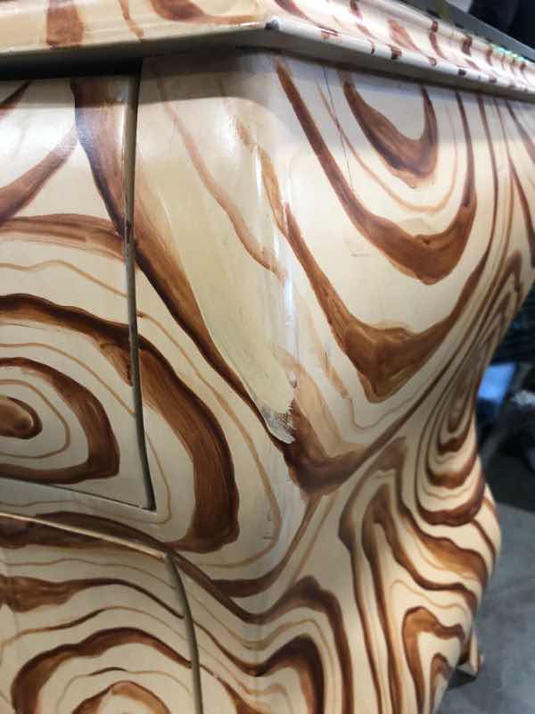 Photo 1 of GLASS TOP 2 DRAWER FAUX TREE RING DRESSER 30”x22”x36” - SOME MINOR IMPERFECTIONS SEE PHOTOS