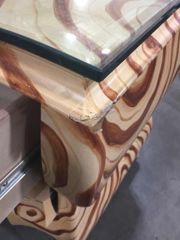 Photo 1 of GLASS TOP 2 DRAWER FAUX TREE RING DRESSER 30”x22”x36” - SOME MINOR IMPERFECTIONS SEE PHOTOS