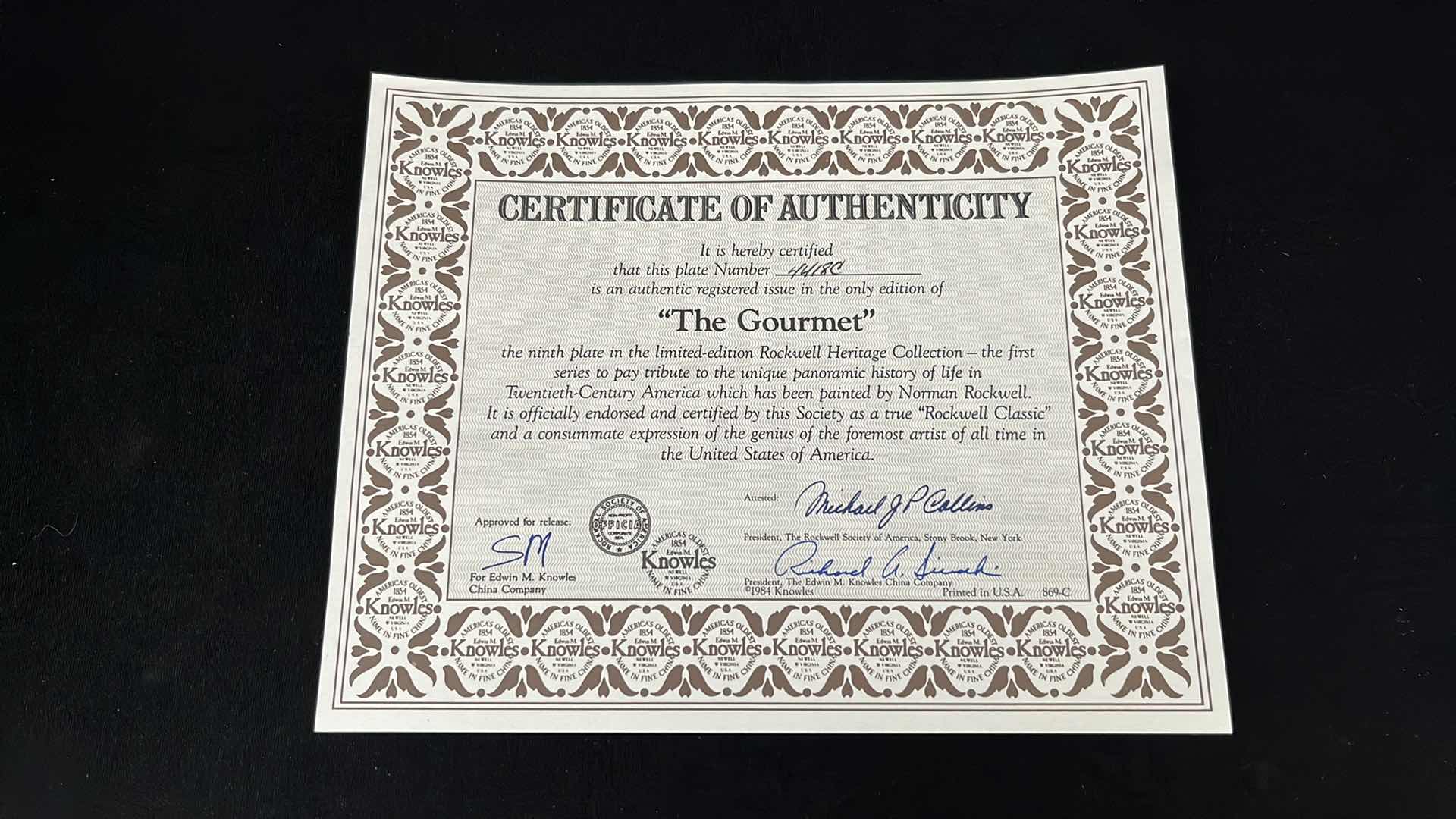 Photo 1 of EDWIN M KNOWLES CHINA CO. NORMAN ROCKWELL PLATE THE GOURMET W COA 8.5”