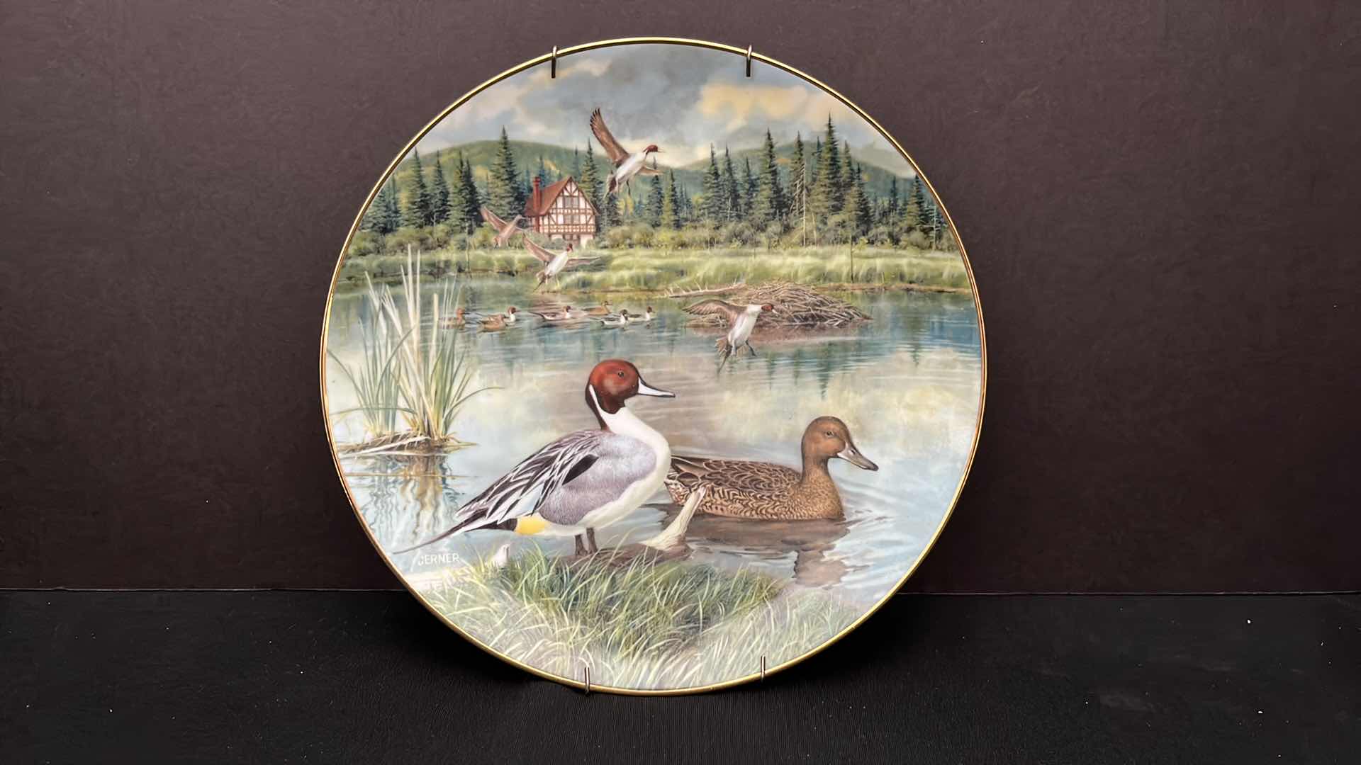 View 1 of EDWIN M KNOWLES CHINA CO. LIVING WITH NATURE: JERNER’S DUCKS THE PINTAIL W PLATE HANGER & ORIGINAL BOX 8.5”
