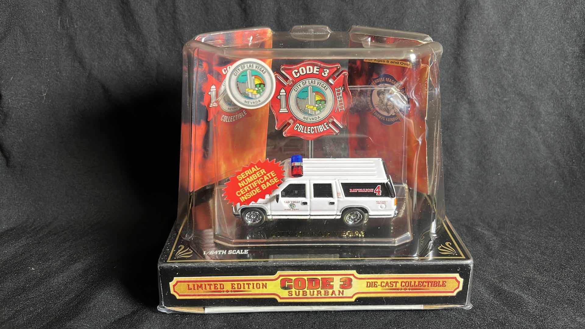 View 1 of CODE 3 COLLECTIBLES 1:64 DIE-CAST METAL 1998 GMC SUBURBAN CITY OF LAS VEGAS NEVADA FIRE DEPT (#12407)