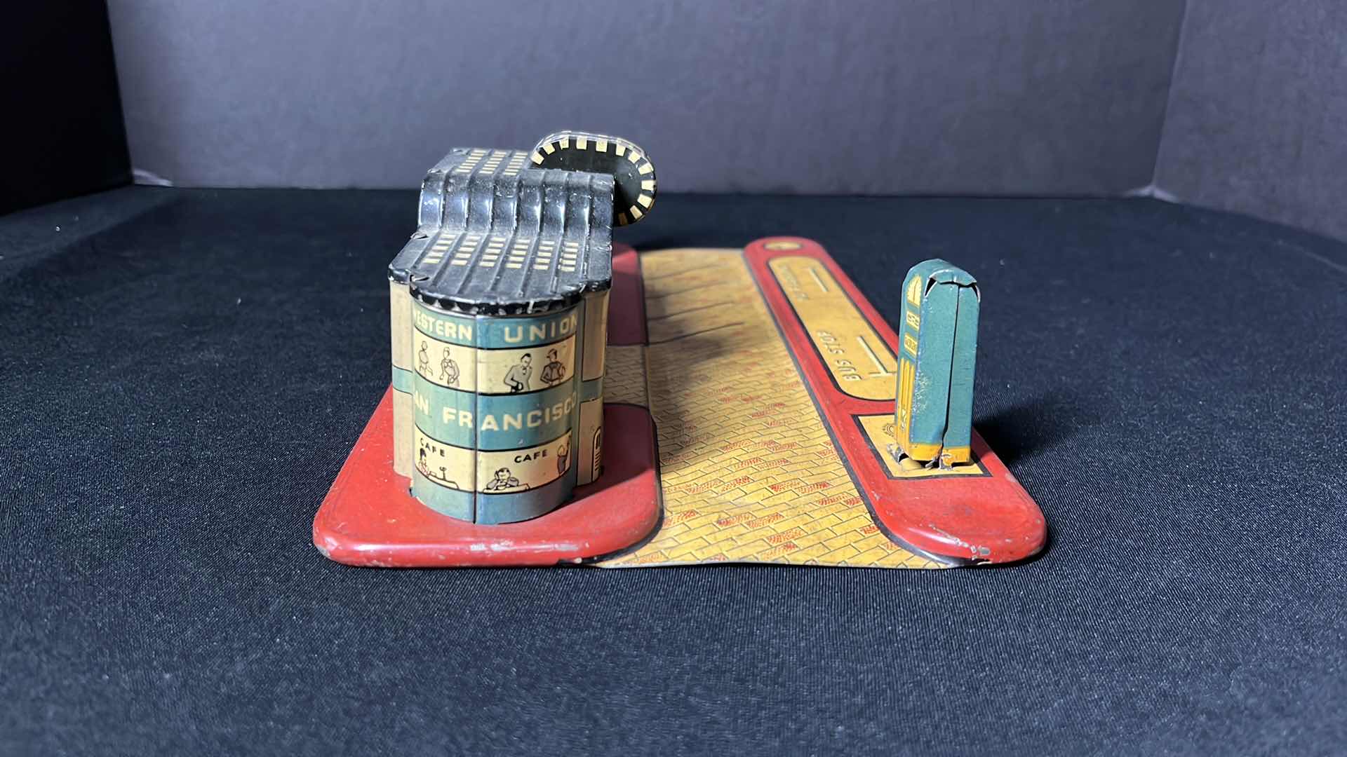 Photo 1 of MARX VINTAGE TIN BUS TERMINAL, MISSING LIGHT POLE