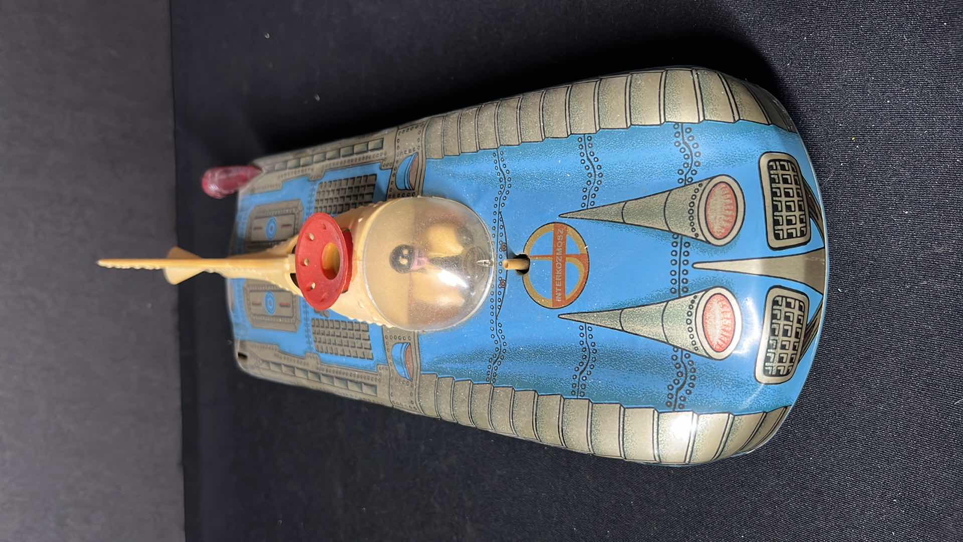 Photo 1 of INTERKOZMOSZ LEMEZARU GYAR VINTAGE TIN LITHO BATTERY OPERATED SPACE PATROL CAR, MADE IN HUNGARY, MISSING BALL/TAIL LIGHT/BATTERY COVER