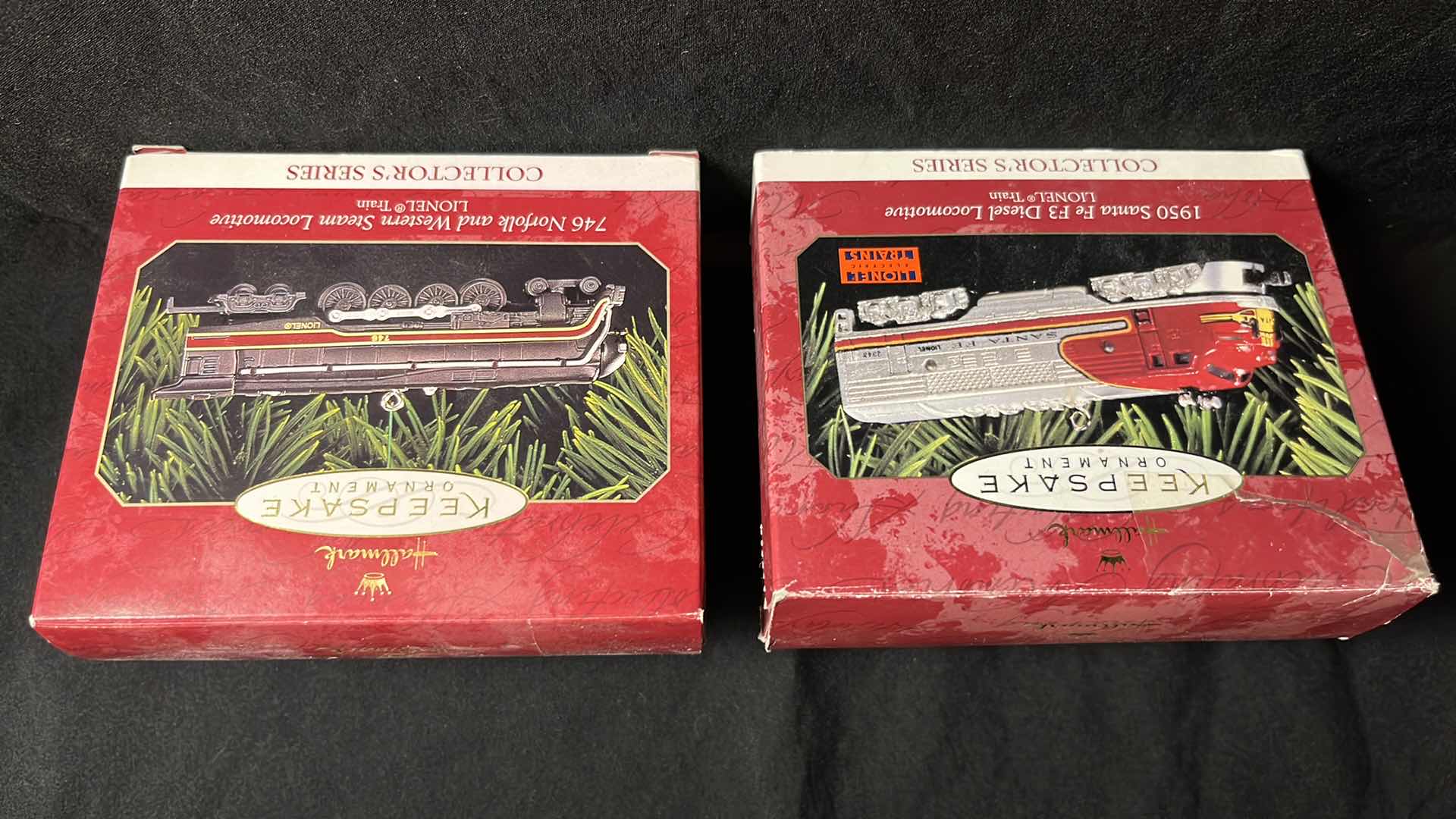 View 1 of HALLMARK LIONEL TRAIN DIE-CAST METAL KEEPSAKE ORNAMENTS 1950 SANTA FE F3 DIESEL LOCOMOTIVE 1997 (QX6145) & 746 NORFOLK AND WESTERN STEAM LOCOMOTIVE 1999 (#QX6377)