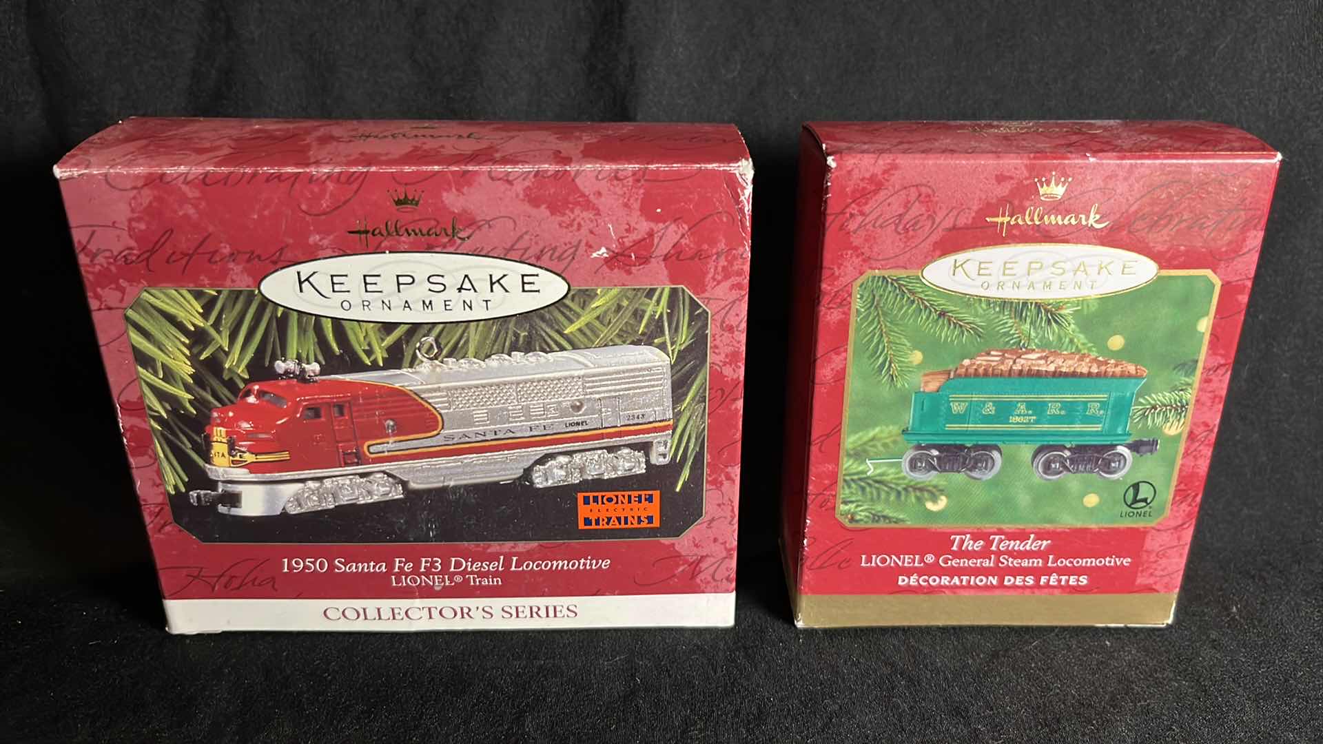 View 1 of HALLMARK LIONEL TRAIN DIE-CAST METAL KEEPSAKE ORNAMENTS 1950 SANTA FE F3 DIESEL LOCOMOTIVE 1997 (QX6145) & THE TENDER GENERAL STEAM LOCOMOTIVE 2000 (#QX6834)