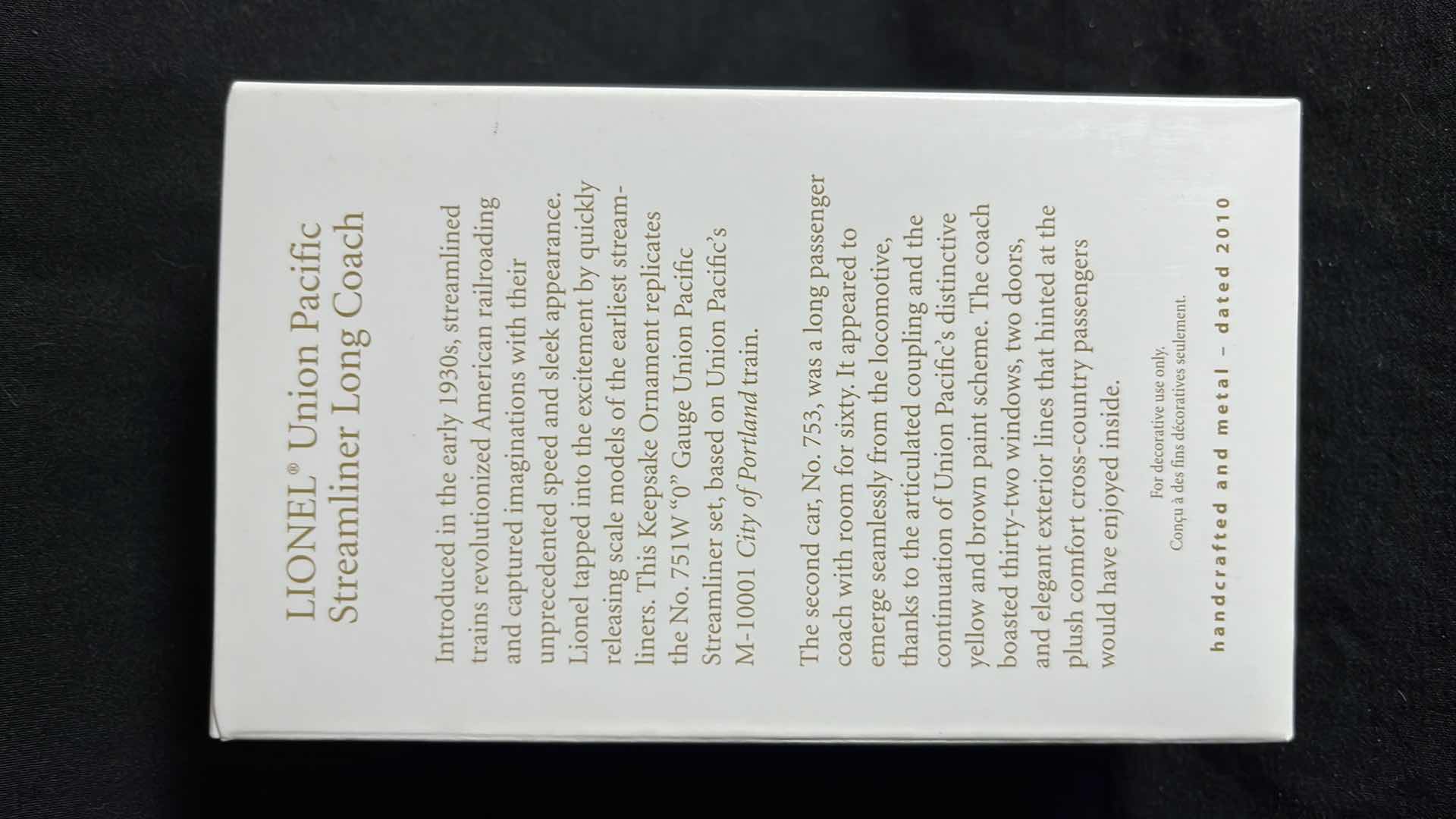 Photo 1 of HALLMARK LIONEL TRAIN HANDCRAFTED & METAL KEEPSAKE ORNAMENTS UNION PACIFIC STREAMLINER BUFFET COACH 2010 (#QXI2013), UNION PACIFIC STREAMLINER LONG COACH 2010 (#QXI2023) & UNION PACIFIC STREAMLINER LOCOMOTIVE 2010 (#QX8626)