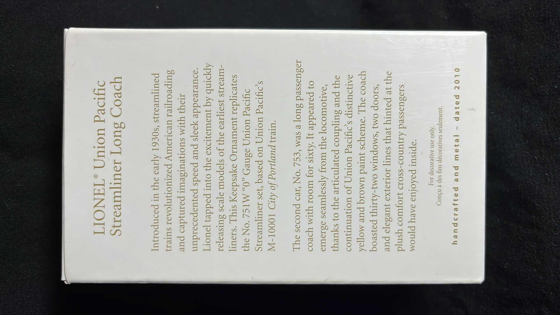 Photo 1 of HALLMARK LIONEL TRAIN HANDCRAFTED & METAL KEEPSAKE ORNAMENTS UNION PACIFIC STREAMLINER BUFFET COACH 2010 (#QXI2013), UNION PACIFIC STREAMLINER LONG COACH 2010 (#QXI2023) & UNION PACIFIC STREAMLINER LOCOMOTIVE 2010 (#QX8626)