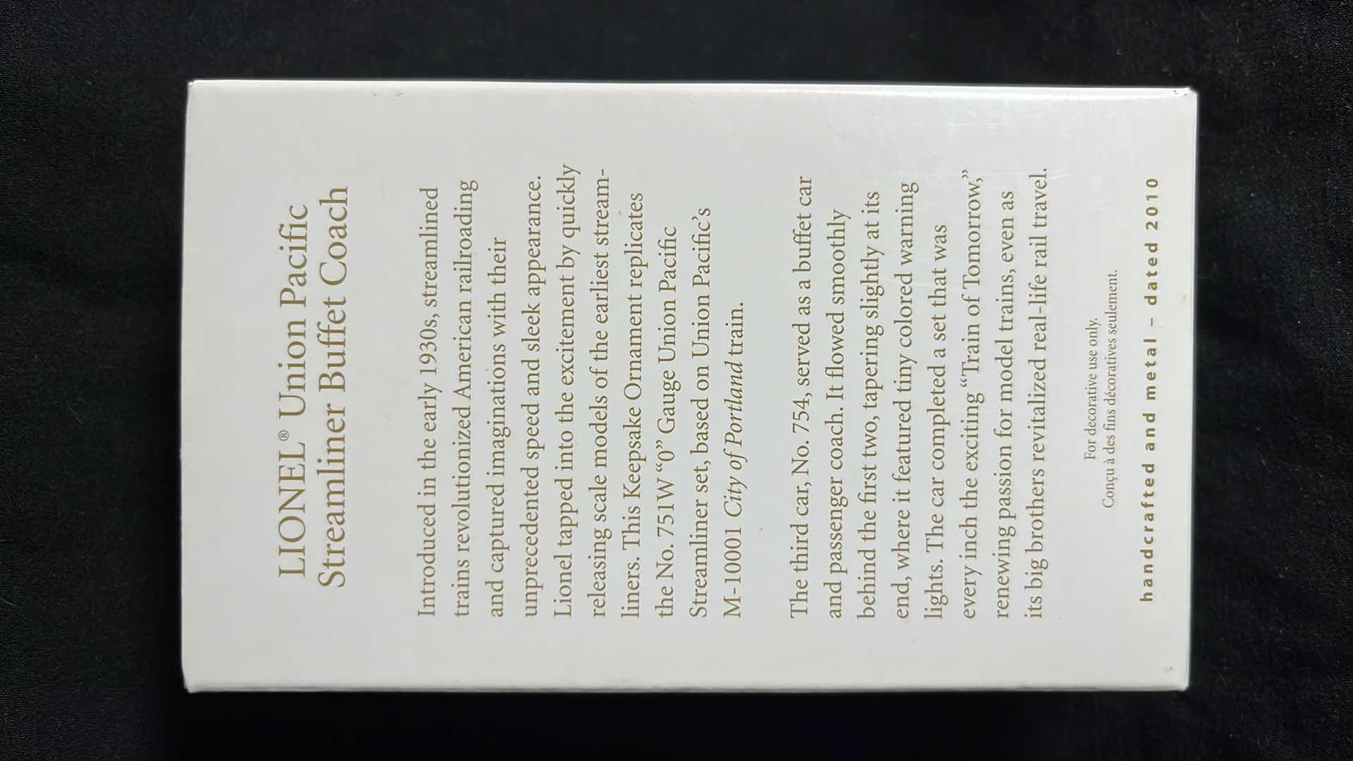 Photo 1 of HALLMARK LIONEL TRAIN HANDCRAFTED & METAL KEEPSAKE ORNAMENTS UNION PACIFIC STREAMLINER BUFFET COACH 2010 (#QXI2013), UNION PACIFIC STREAMLINER LONG COACH 2010 (#QXI2023) & UNION PACIFIC STREAMLINER LOCOMOTIVE 2010 (#QX8626)