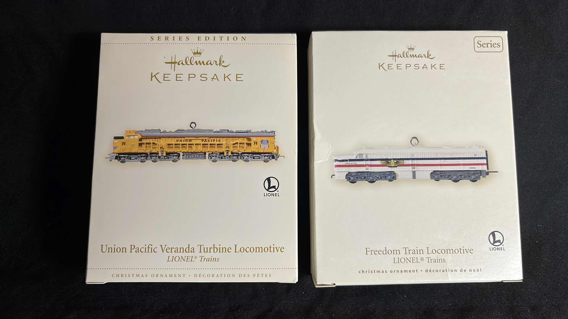 Photo 1 of HALLMARK LIONEL TRAIN HANDCRAFTED & METAL KEEPSAKE ORNAMENTS UNION PACIFIC VERANDA TURBINE LOCOMOTIVE 2006 (#QX2323) & FREEDOM TRAIN LOCOMOTIVE 2007 (#QX2347)