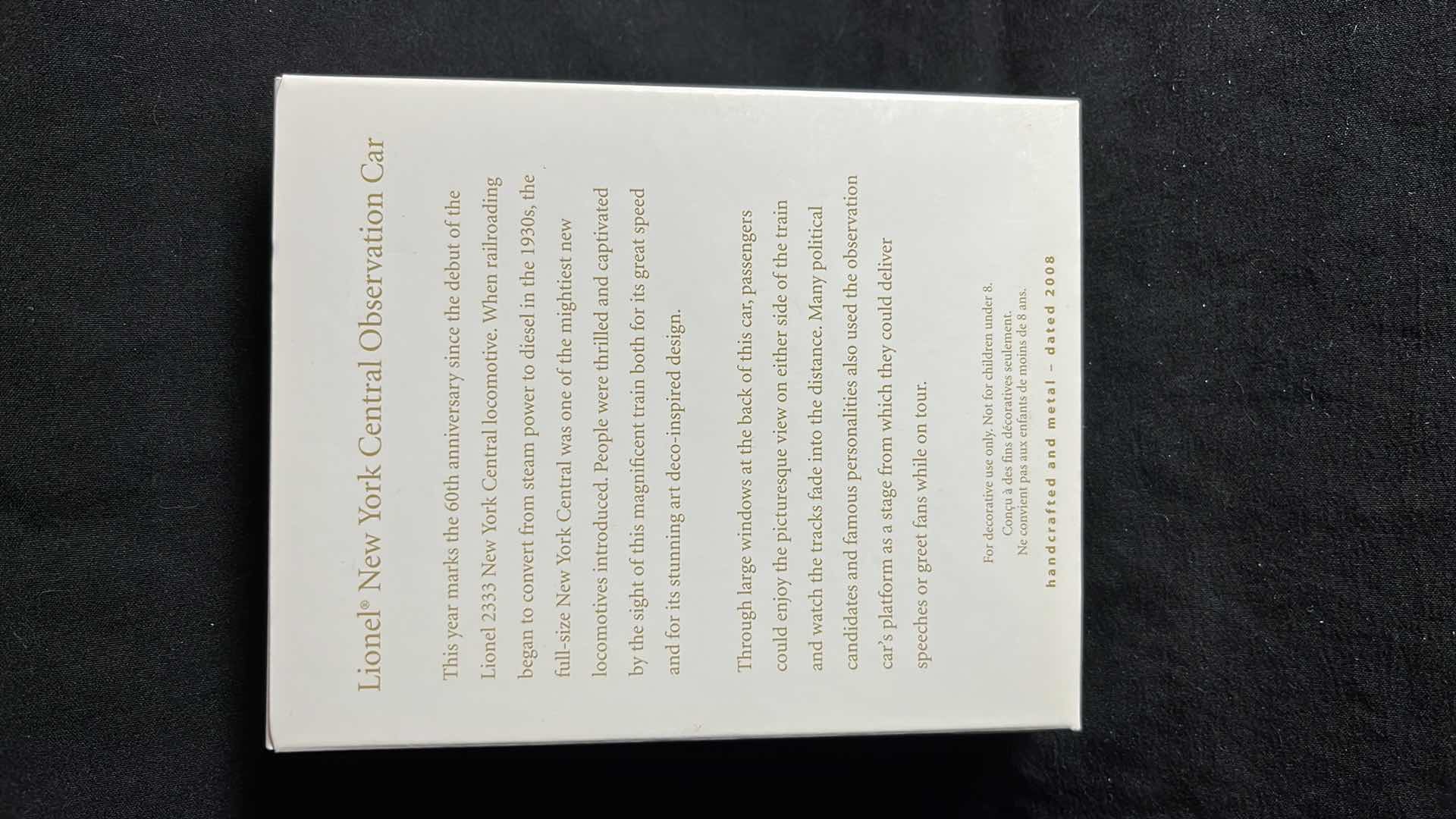 Photo 1 of HALLMARK LIONEL TRAIN HANDCRAFTED & METAL KEEPSAKE ORNAMENTS NEW YORK CENTRAL PASSENGER CAR 2008 (#QXI2004), NEW YORK CENTRAL OBSERVATION CAR 2008 (#QXI2011) & NEW YORK CENTRAL LOCOMOTIVE 2008 (#QX2854)