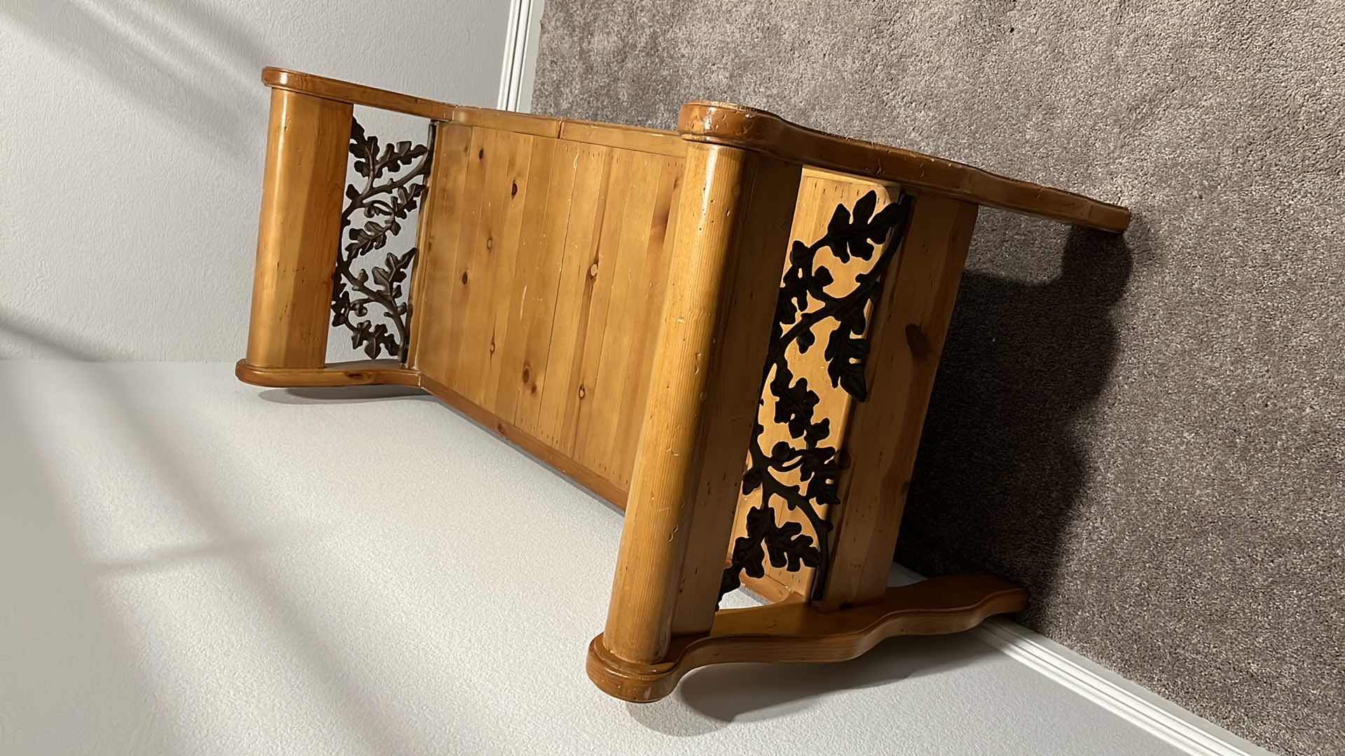 Photo 1 of WOODEN BENCH W ORNATE METAL INLAY 23.75” X 55” H29.5”