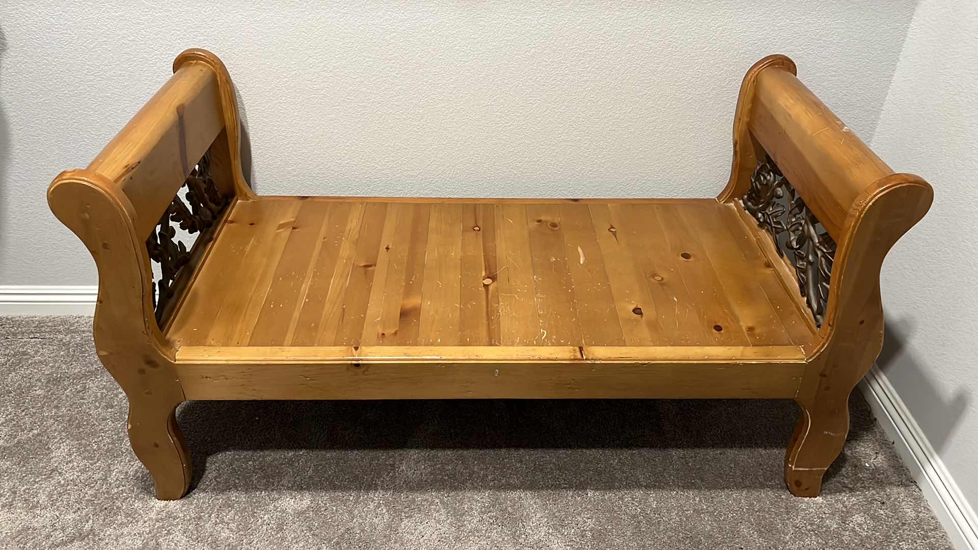 Photo 1 of WOODEN BENCH W ORNATE METAL INLAY 23.75” X 55” H29.5”