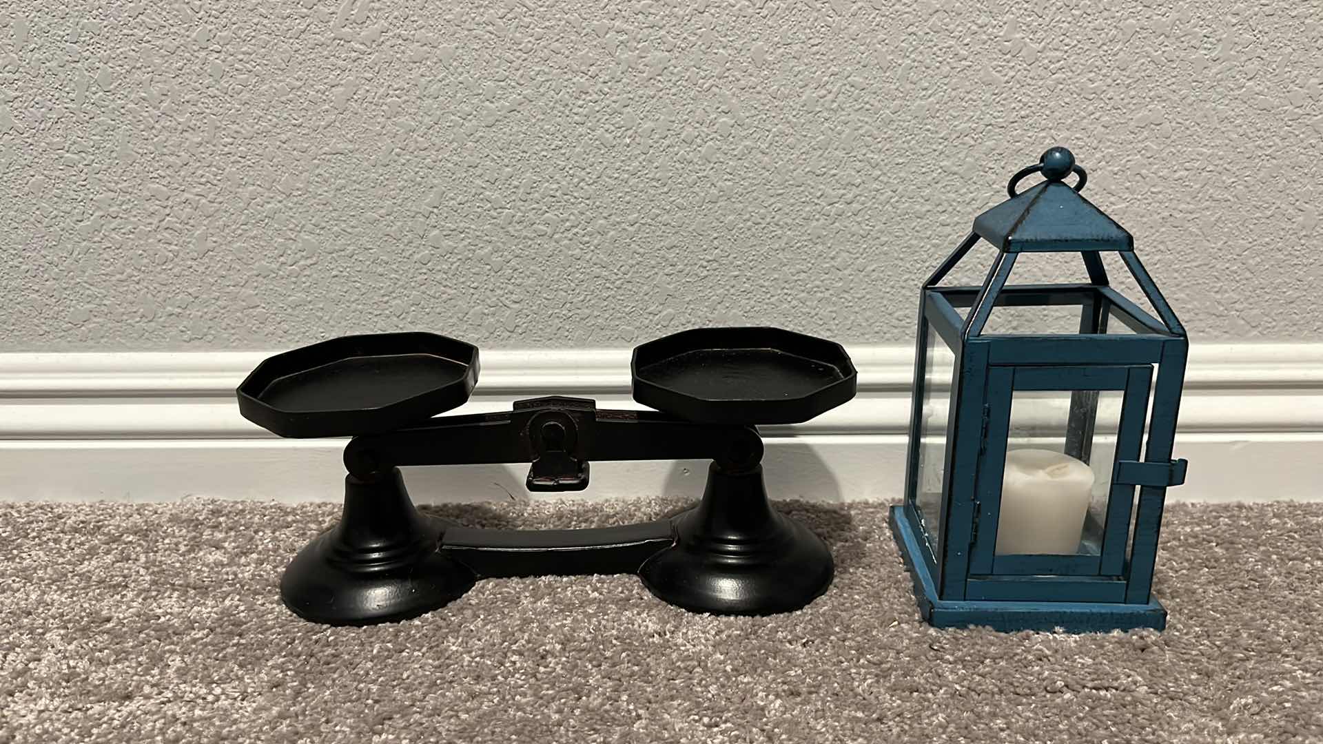 Photo 1 of INDUSTRIAL STYLE BLACK METAL DUAL CANDLE HOLDER & VINTAGE BLUE DISTRESSED LANTERN 4” X 8”