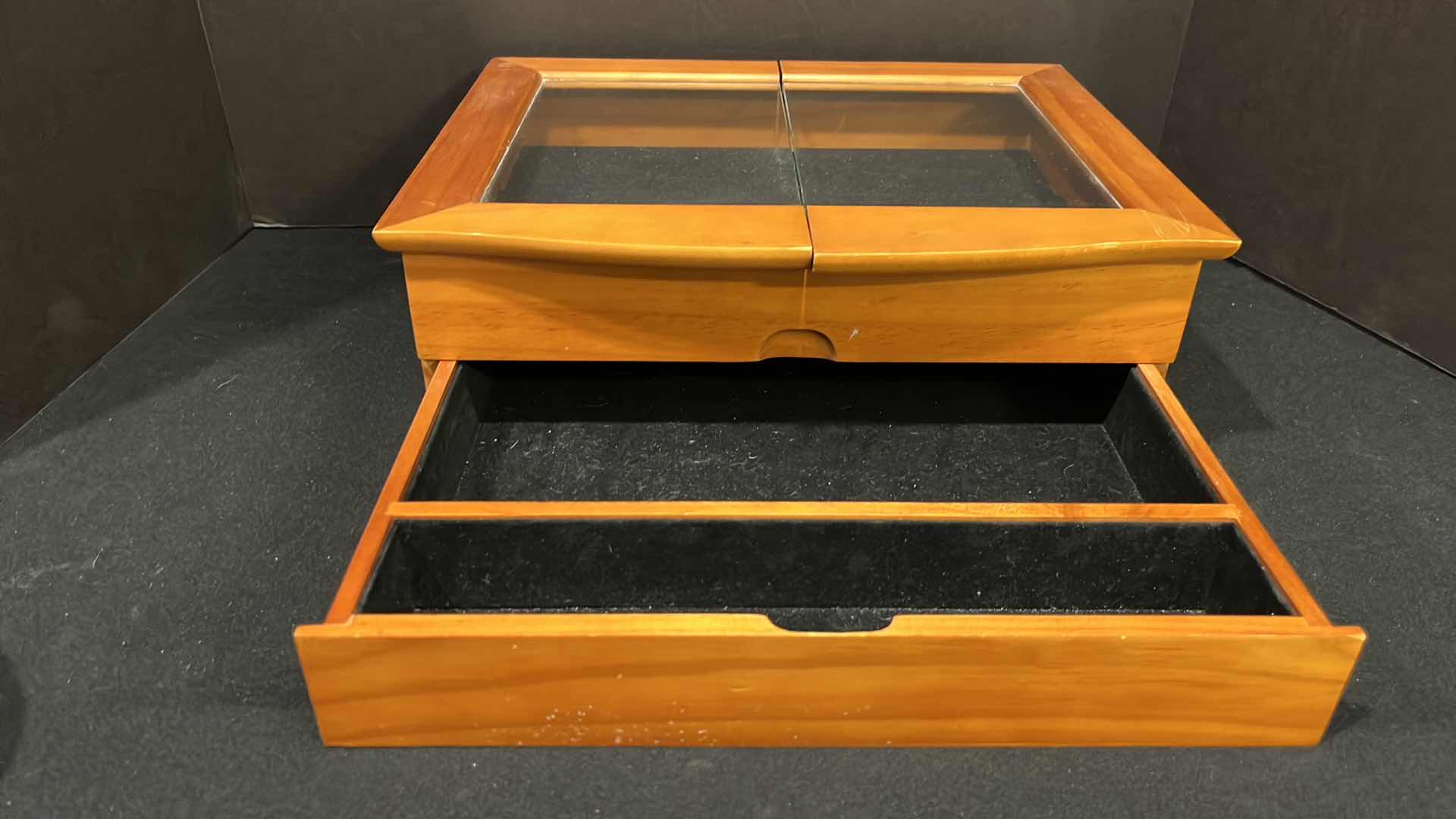 Photo 1 of WOODEN GLASS TOP JEWELRY BOX 10.75”X 14” H5”