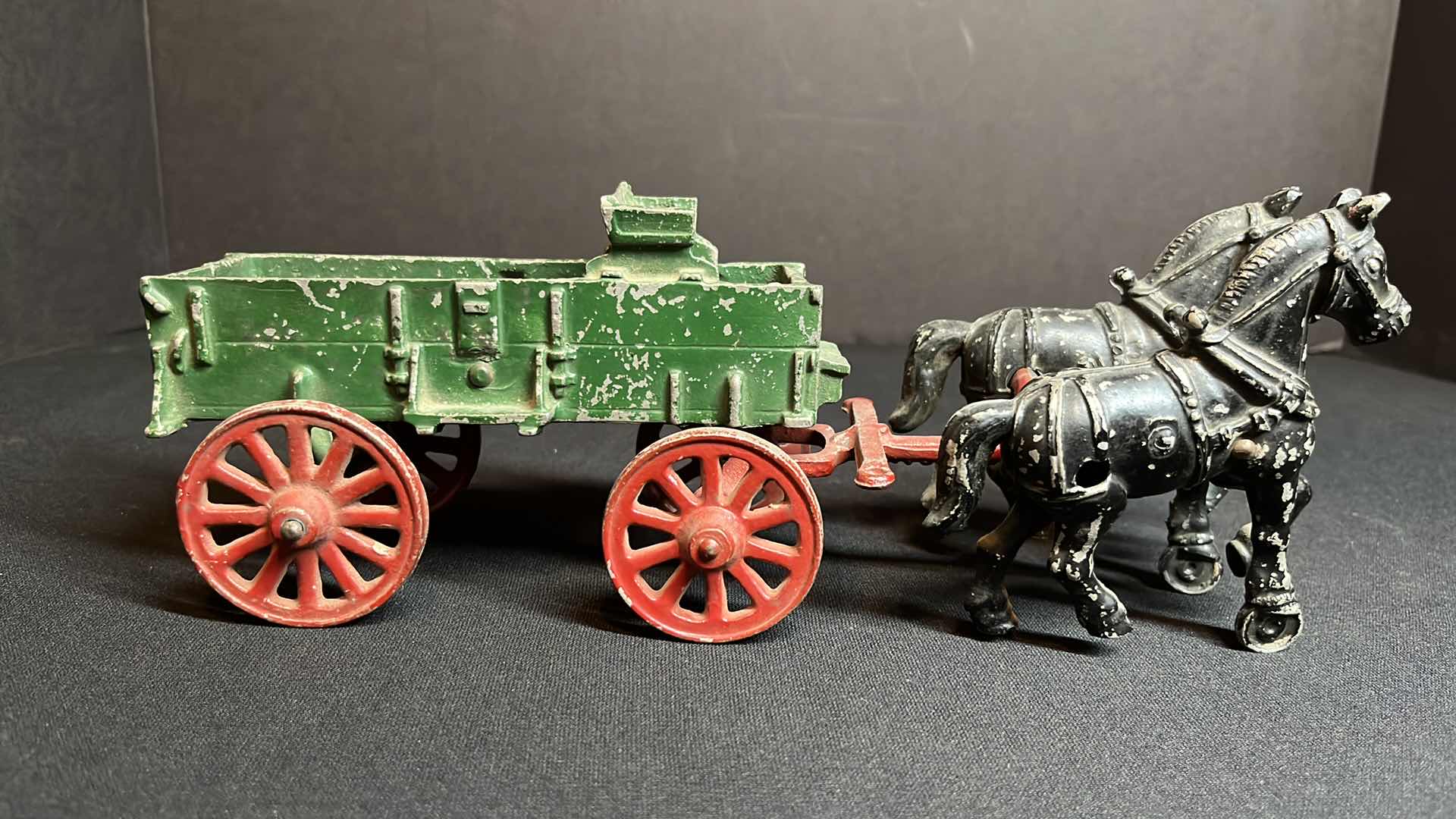 Photo 1 of VINTAGE CAST ALUMINUM 2 HORSE DRAWN WAGON CART, CIRCA 1940’S