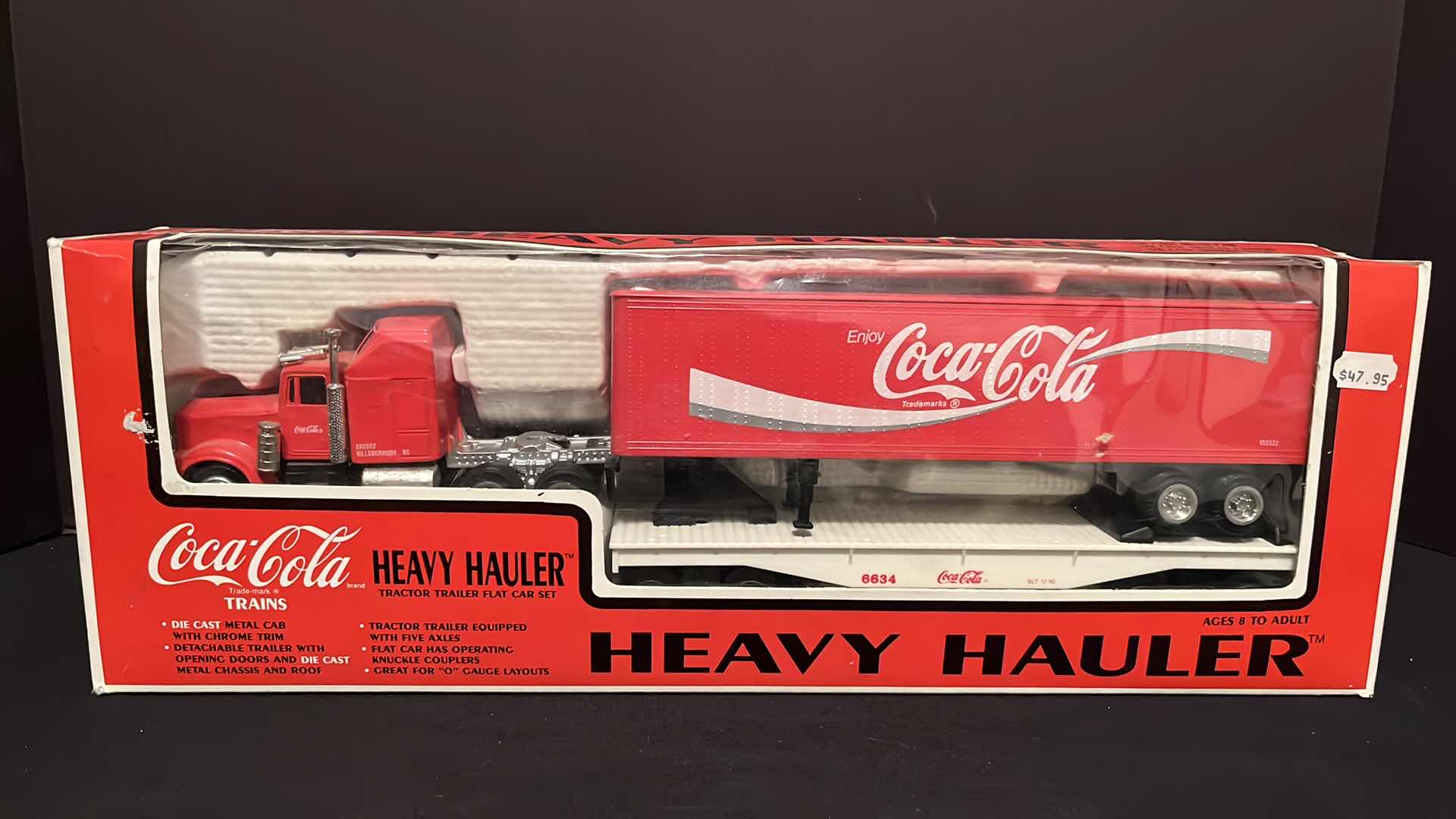 View 1 of K-LINE COCA-COLA TRADEMARK TRAINS HEAVY HAULER TRACTOR TRAILER FLAT CAR SET, 1990