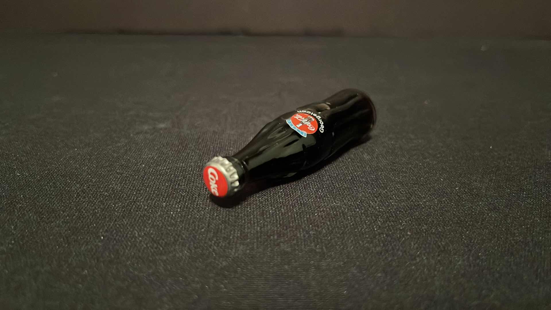 Photo 1 of COCA-COLA COLLECTIBLE MINI CLOCK ICE CHEST W COKE BOTTLE CASES 4”H, 2000 & COCA-COLA COLLECTIBLE GEORGETOWN MINI GLASS BOTTLE 3”H