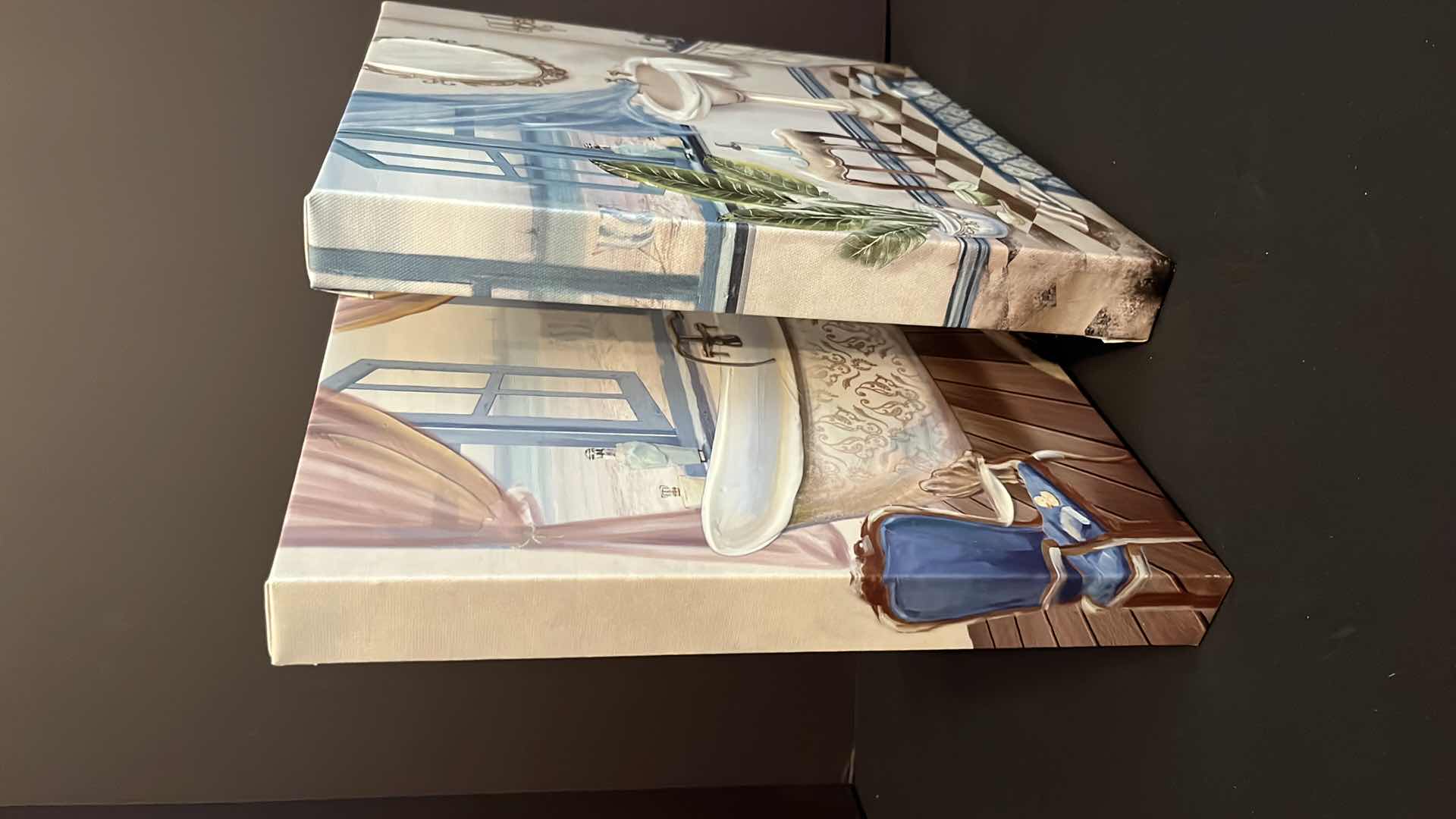 Photo 3 of BATHROOM ACCESSORIES 2-CANVAS PAINTINGS 12” X 12”, VASE W FLOWERS, SHOWER CURTAIN & 12PC SILVER LEAF RESIN SHOWER HOOKS