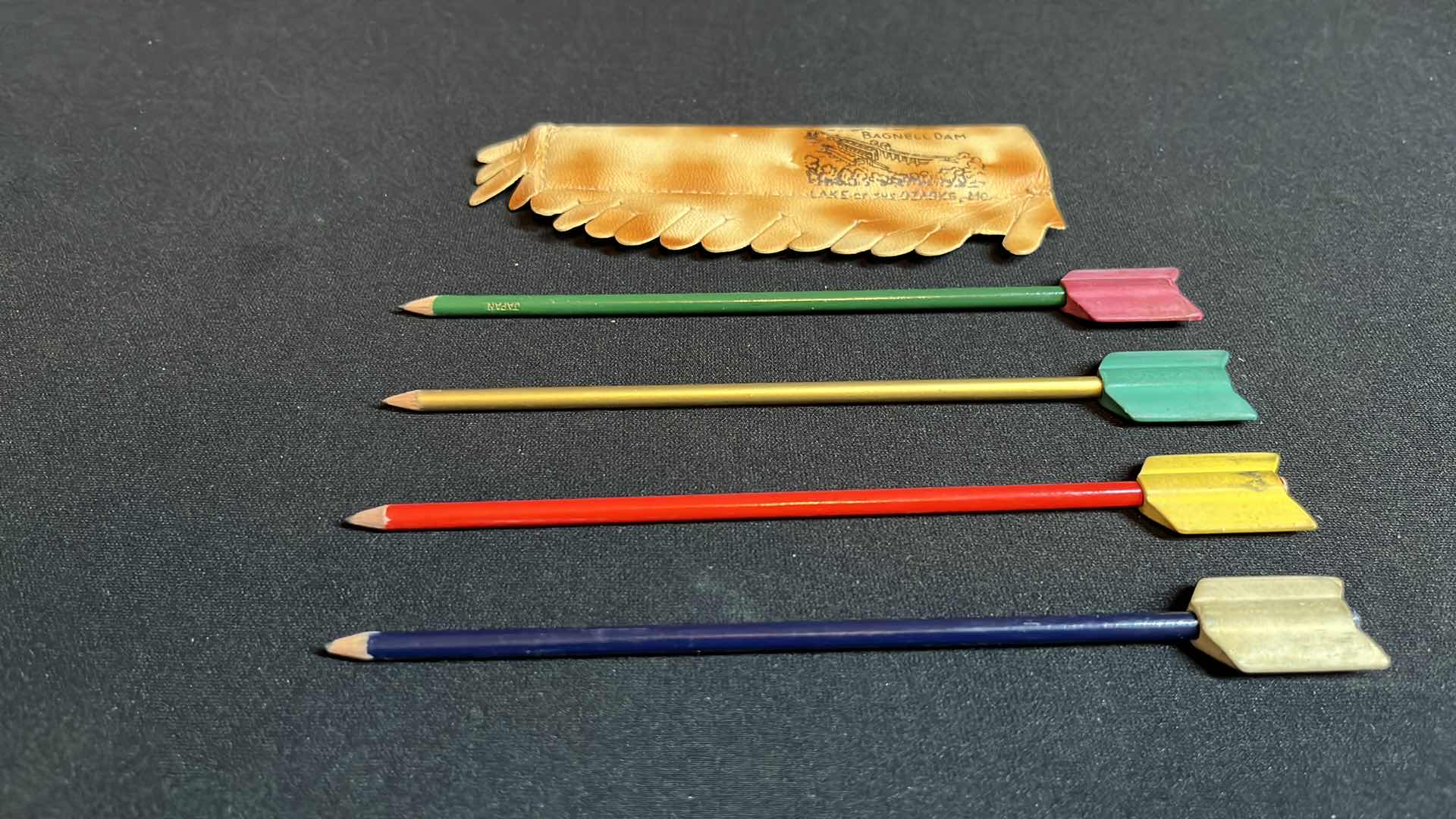 Photo 1 of COLLECTIBLE 4-ARROW PENCILS WITH BAG & 5-MINIATURE KNIVES W LEATHER SHEATHS 4”