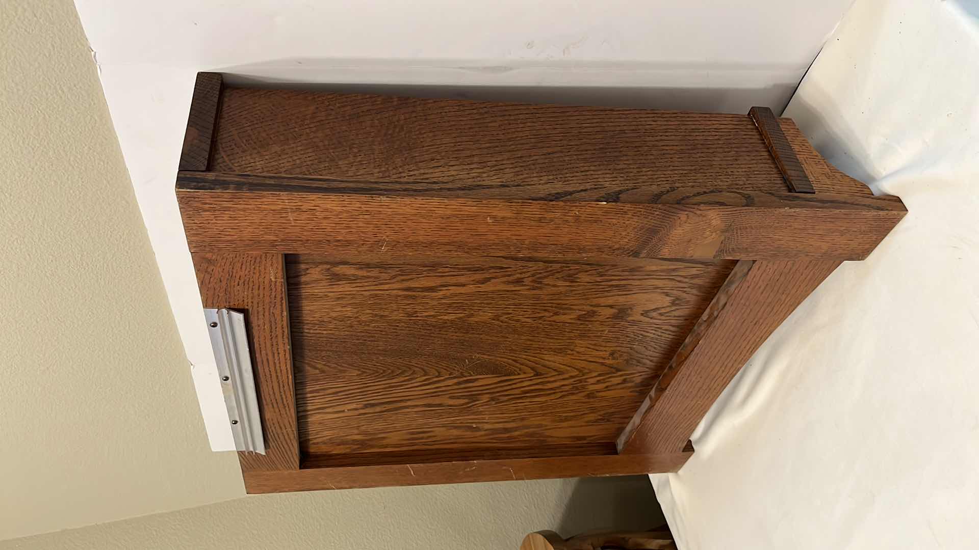 Photo 1 of MAHOGANY FINISH WOOD WALL CABINET W DISTORTED GLASS PANELS & GLASS SHELVES 5.5” X 23.5” H26”