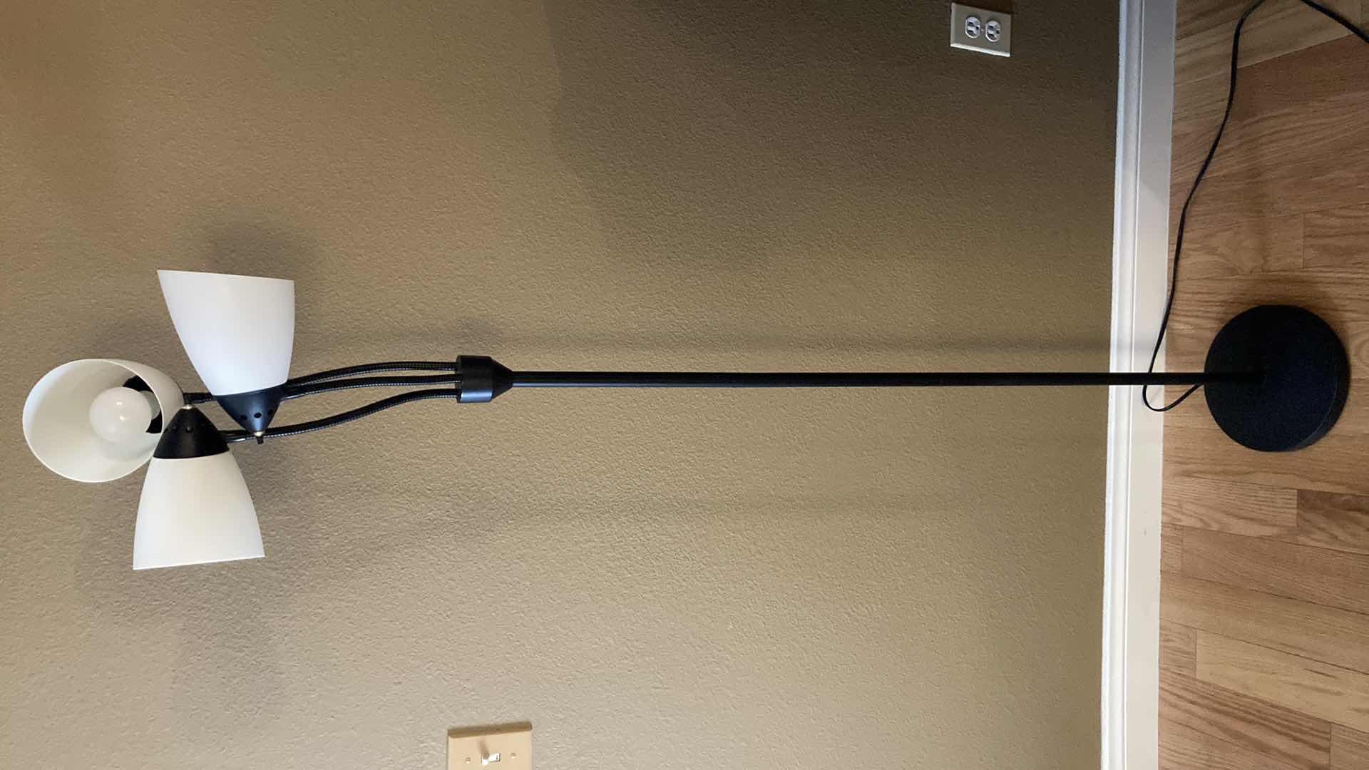 Photo 2 of GOOSENECK 3 LIGHT WHITE PLASTIC SHADE BLACK METAL BASE FLOOR LAMP 11” X 66”