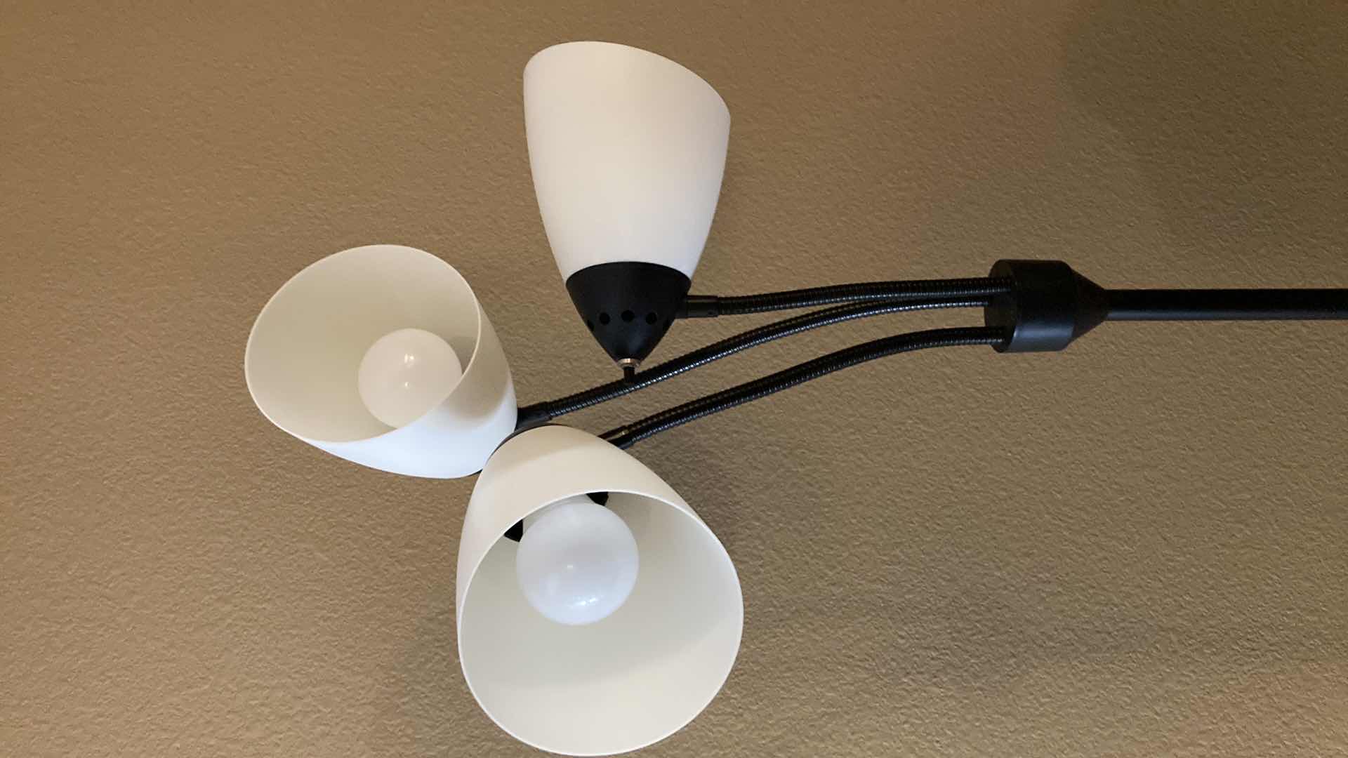 Photo 1 of GOOSENECK 3 LIGHT WHITE PLASTIC SHADE BLACK METAL BASE FLOOR LAMP 11” X 66”
