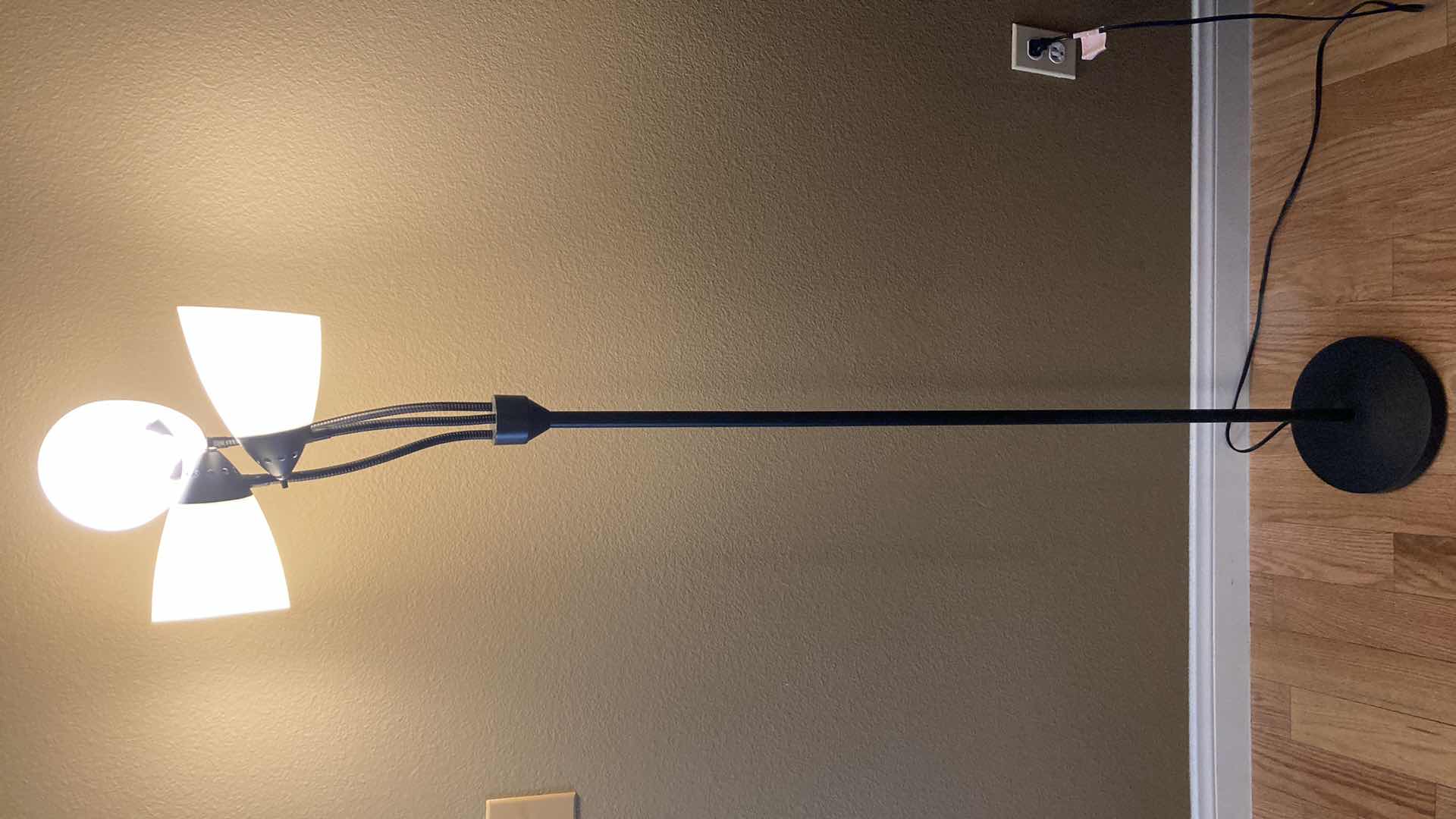 Photo 1 of GOOSENECK 3 LIGHT WHITE PLASTIC SHADE BLACK METAL BASE FLOOR LAMP 11” X 66”